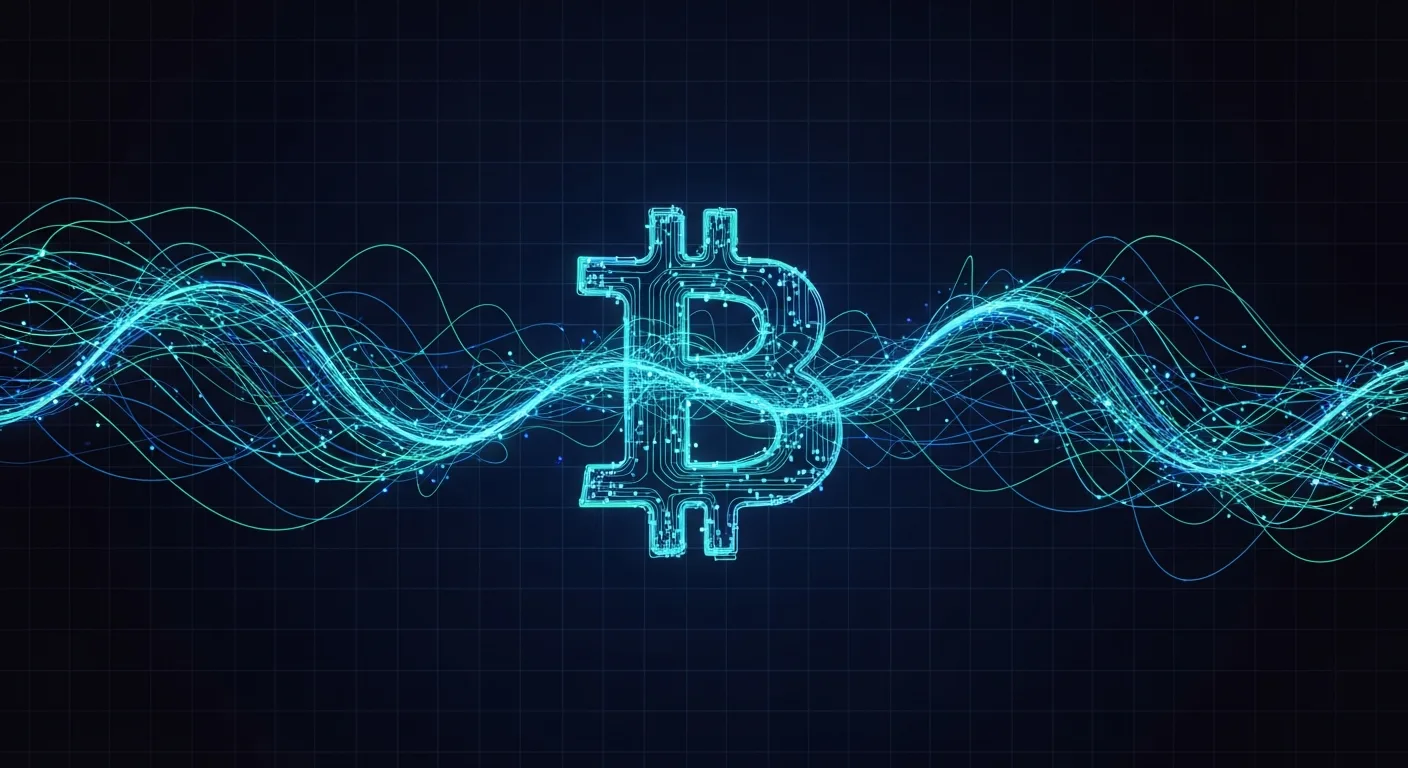 Abstract editorial data-visualization illustration in balanced, blue-toned tones representing BTC and the broader cryptocurrency market — crypto scenario analysis.