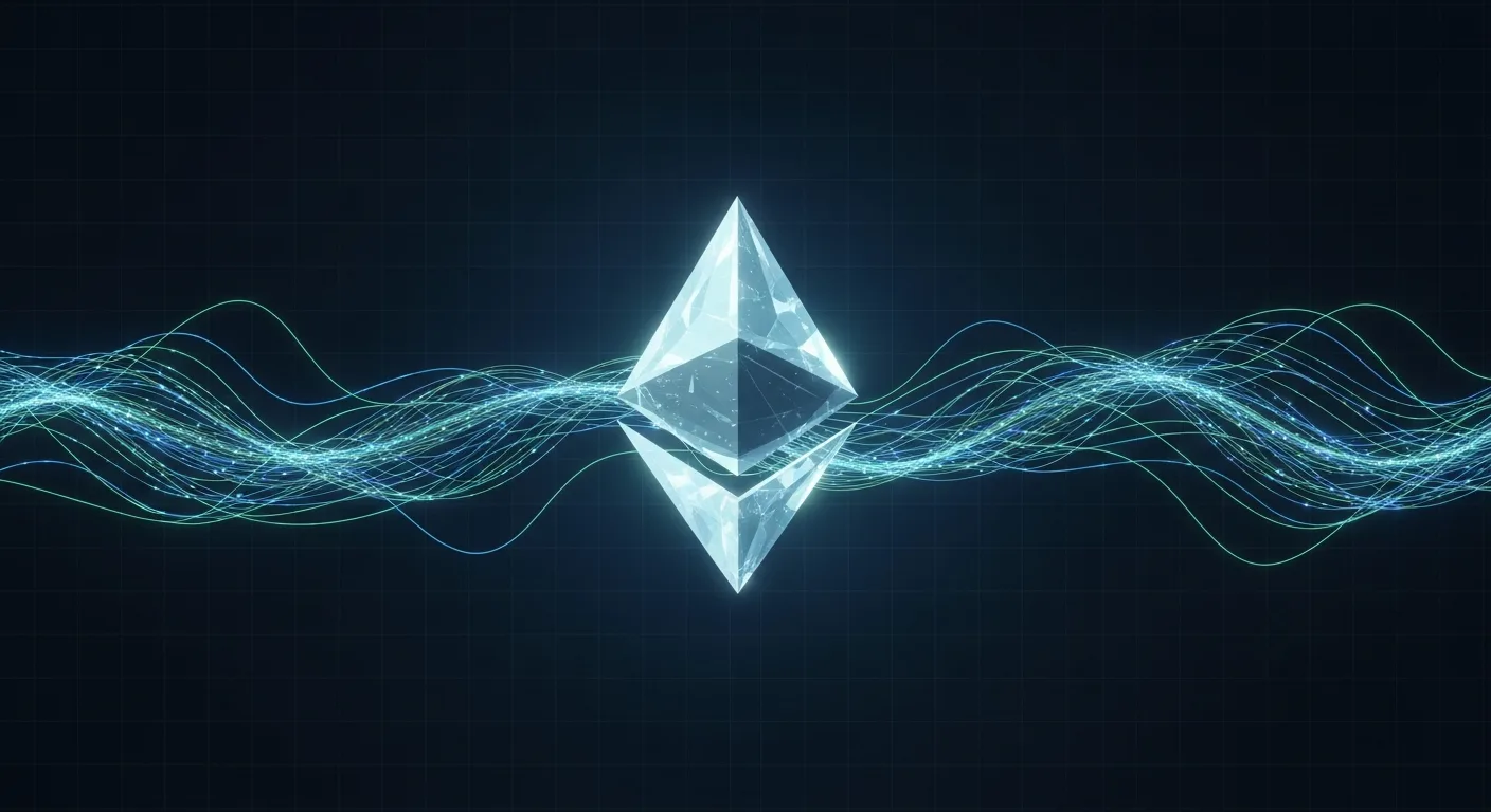 Abstract editorial data-visualization illustration in balanced, blue-toned tones representing ETH and the broader cryptocurrency market — crypto scenario analysis.