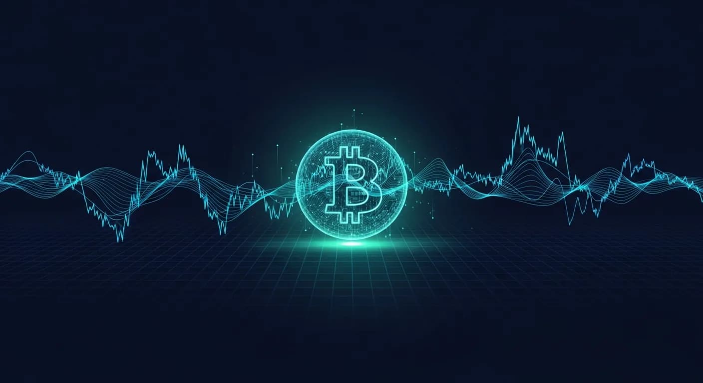 Abstract editorial data-visualization illustration in balanced, blue-toned tones representing BTC and the broader cryptocurrency market — crypto scenario analysis.