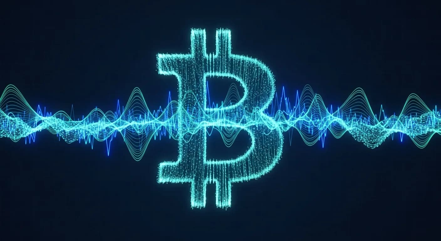 Abstract editorial data-visualization illustration in balanced, blue-toned tones representing BTC and the broader cryptocurrency market — crypto scenario analysis.