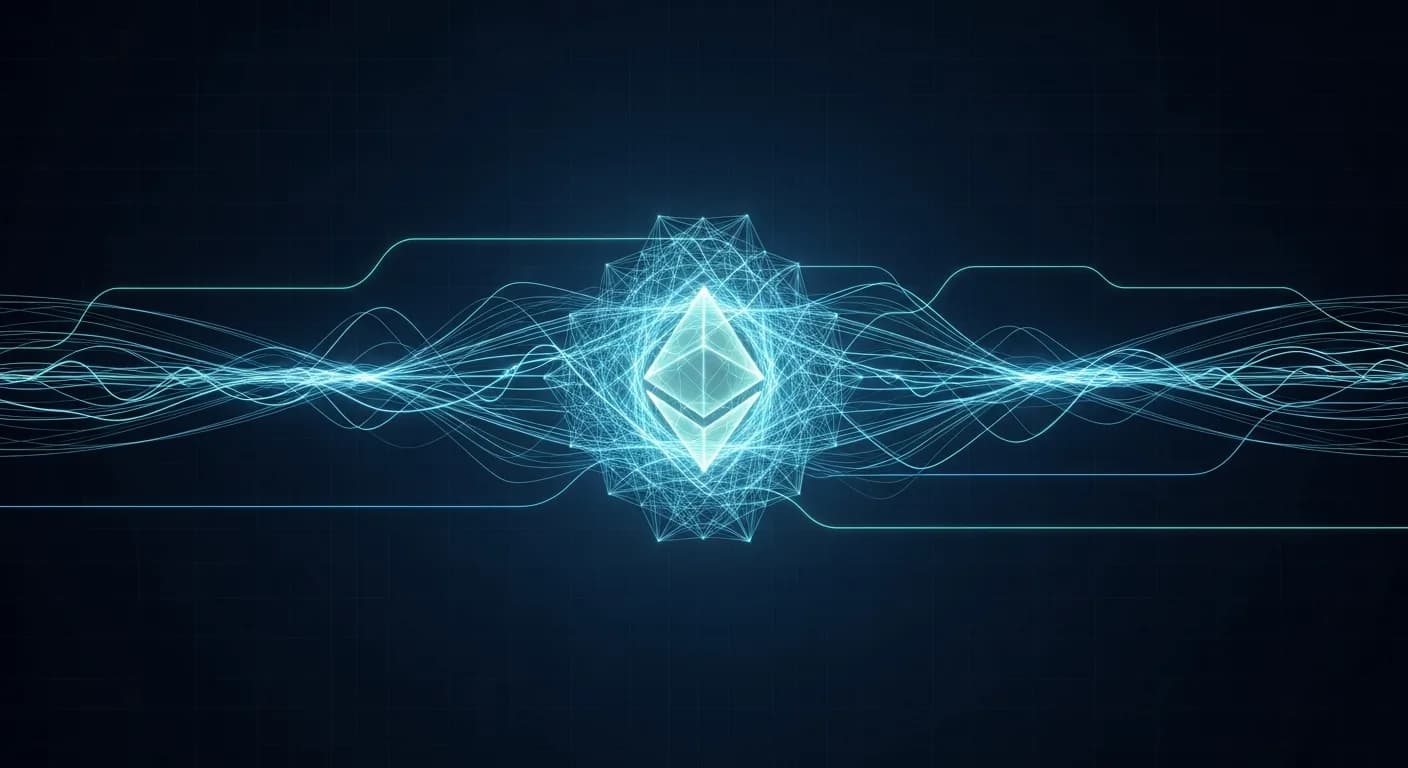 Abstract editorial data-visualization illustration in balanced, blue-toned tones representing ETH and the broader cryptocurrency market — crypto scenario analysis.