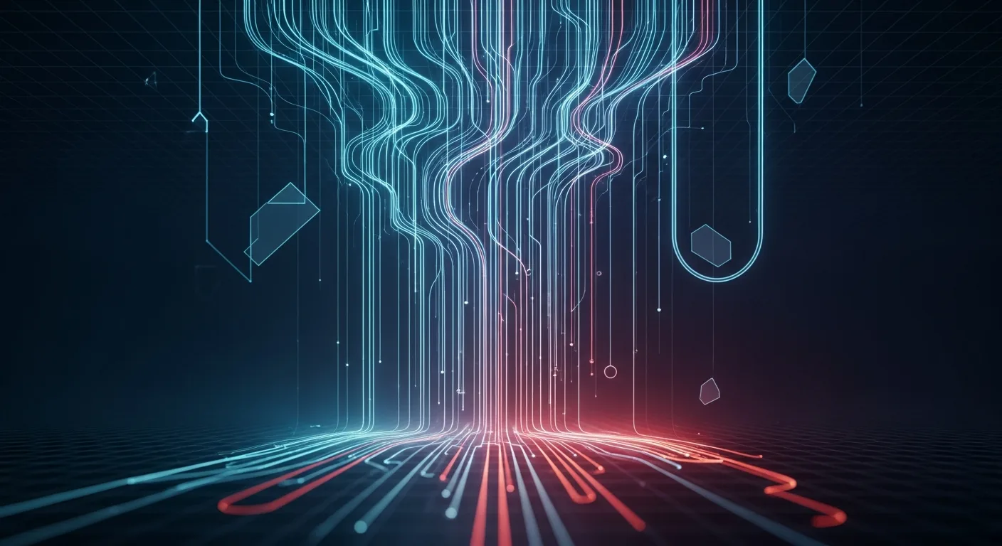 Abstract editorial data-visualization illustration in crimson, downward-flowing tones representing HYPE and the broader cryptocurrency market — crypto scenario analysis.