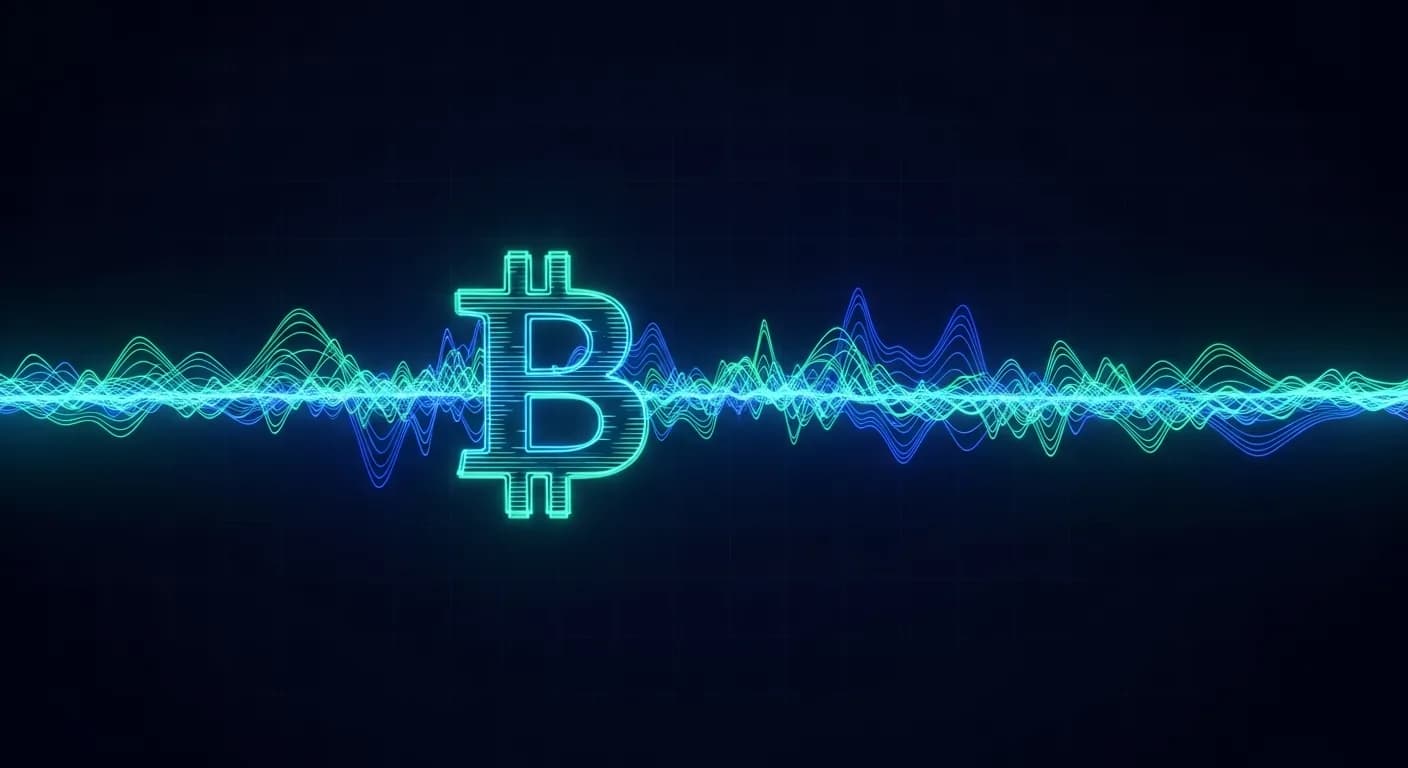 Abstract editorial data-visualization illustration in balanced, blue-toned tones representing BTC and the broader cryptocurrency market — crypto scenario analysis.