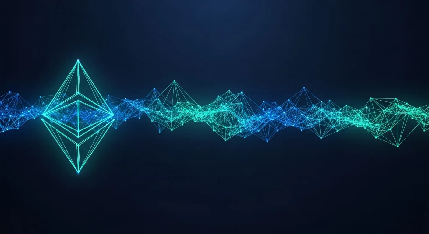 Abstract editorial data-visualization illustration in balanced, blue-toned tones representing ETH and the broader cryptocurrency market — crypto scenario analysis.