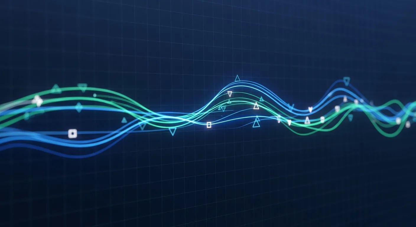 Abstract editorial data-visualization illustration in balanced, blue-toned tones representing the cryptocurrency and digital-asset market — crypto scenario analysis.