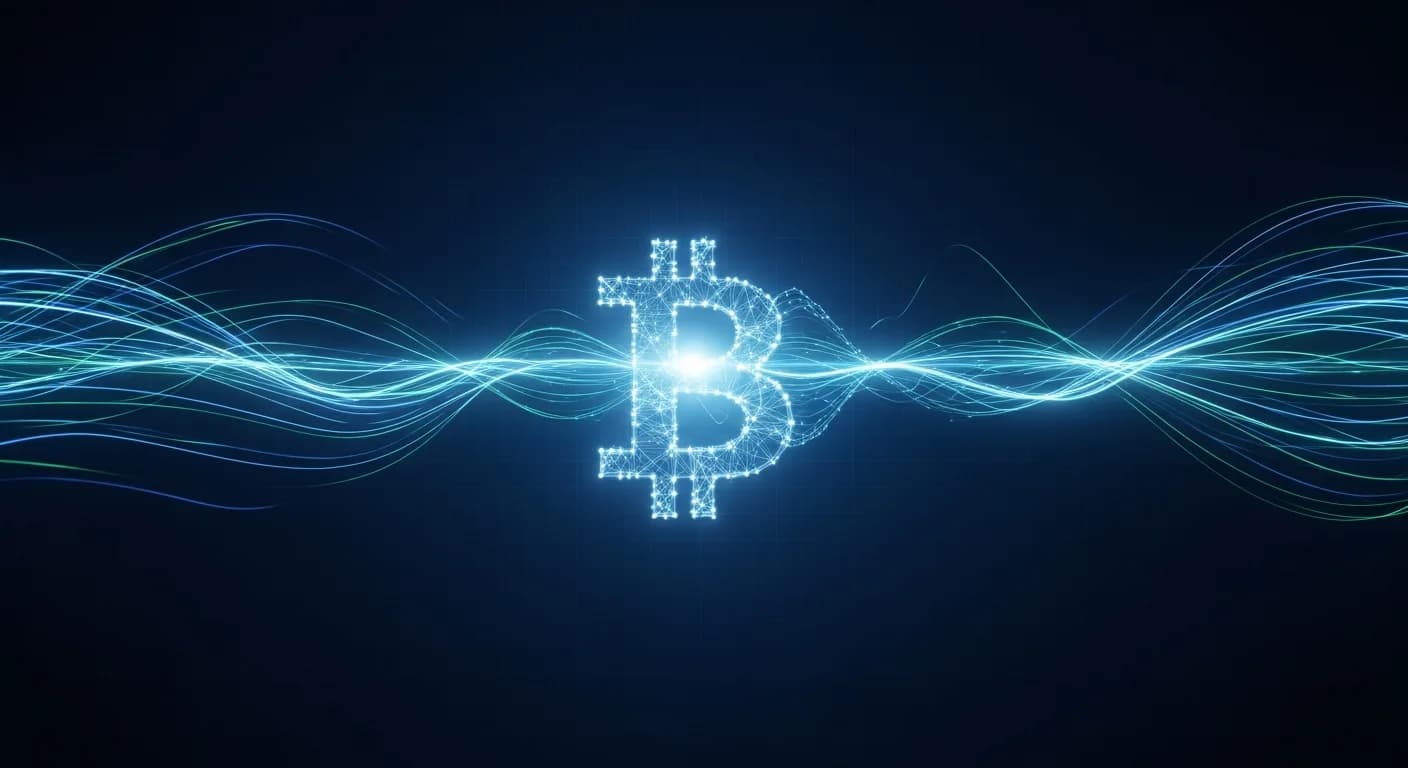 Abstract editorial data-visualization illustration in balanced, blue-toned tones representing BTC and the broader cryptocurrency market — crypto scenario analysis.