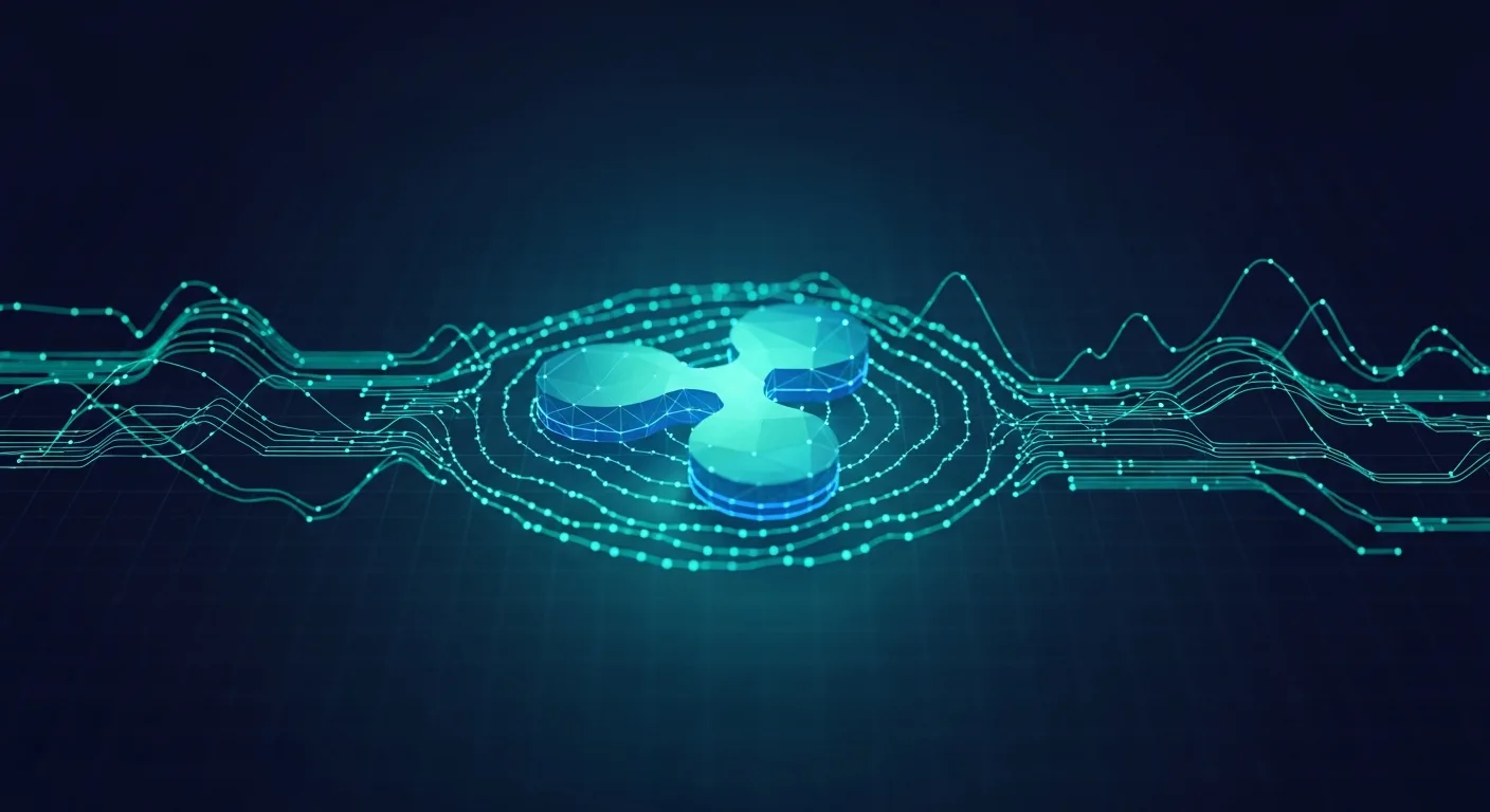 Abstract editorial data-visualization illustration in balanced, blue-toned tones representing XRP and the broader cryptocurrency market — crypto scenario analysis.