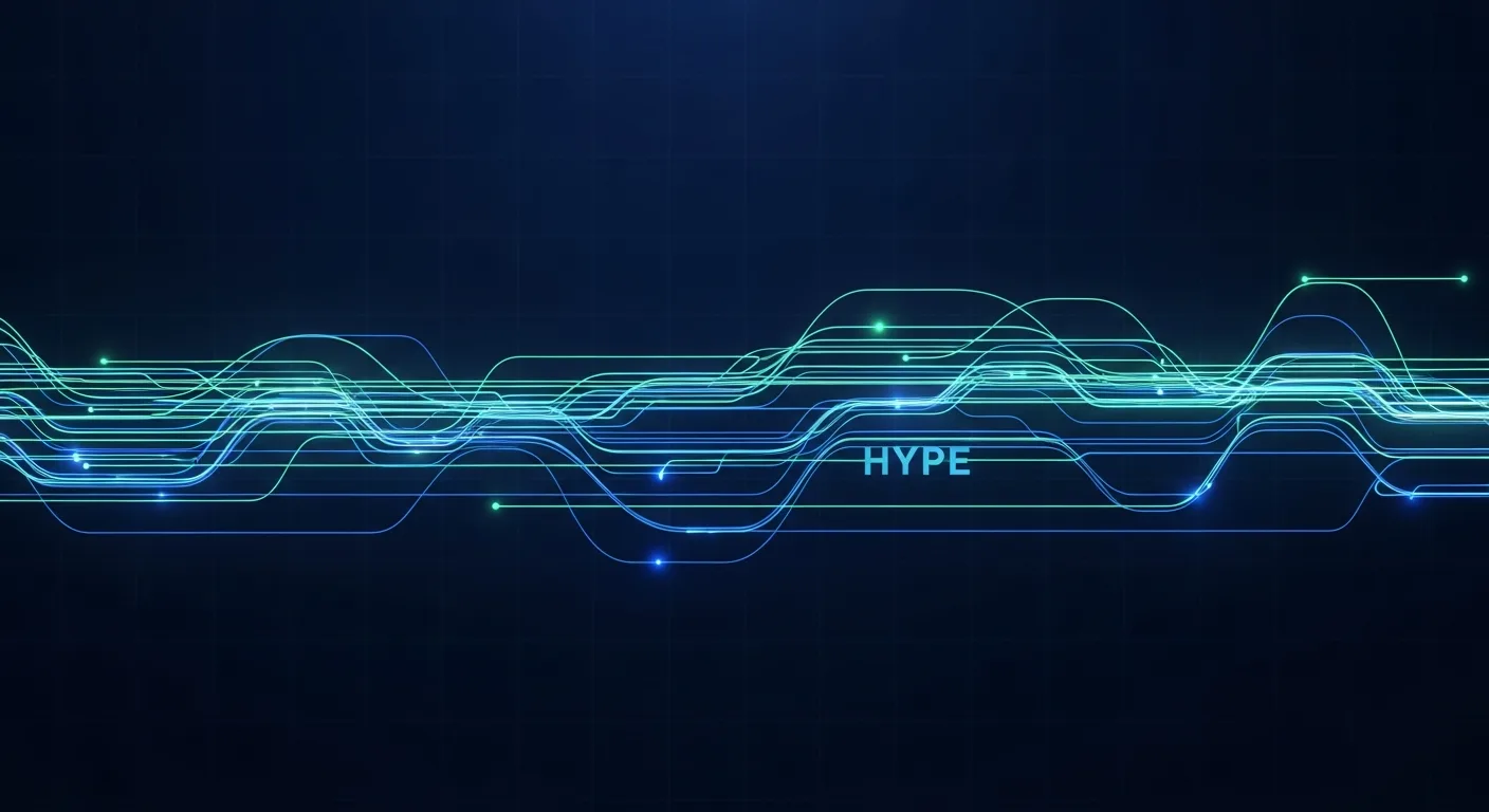 Abstract editorial data-visualization illustration in balanced, blue-toned tones representing HYPE and the broader cryptocurrency market — crypto scenario analysis.