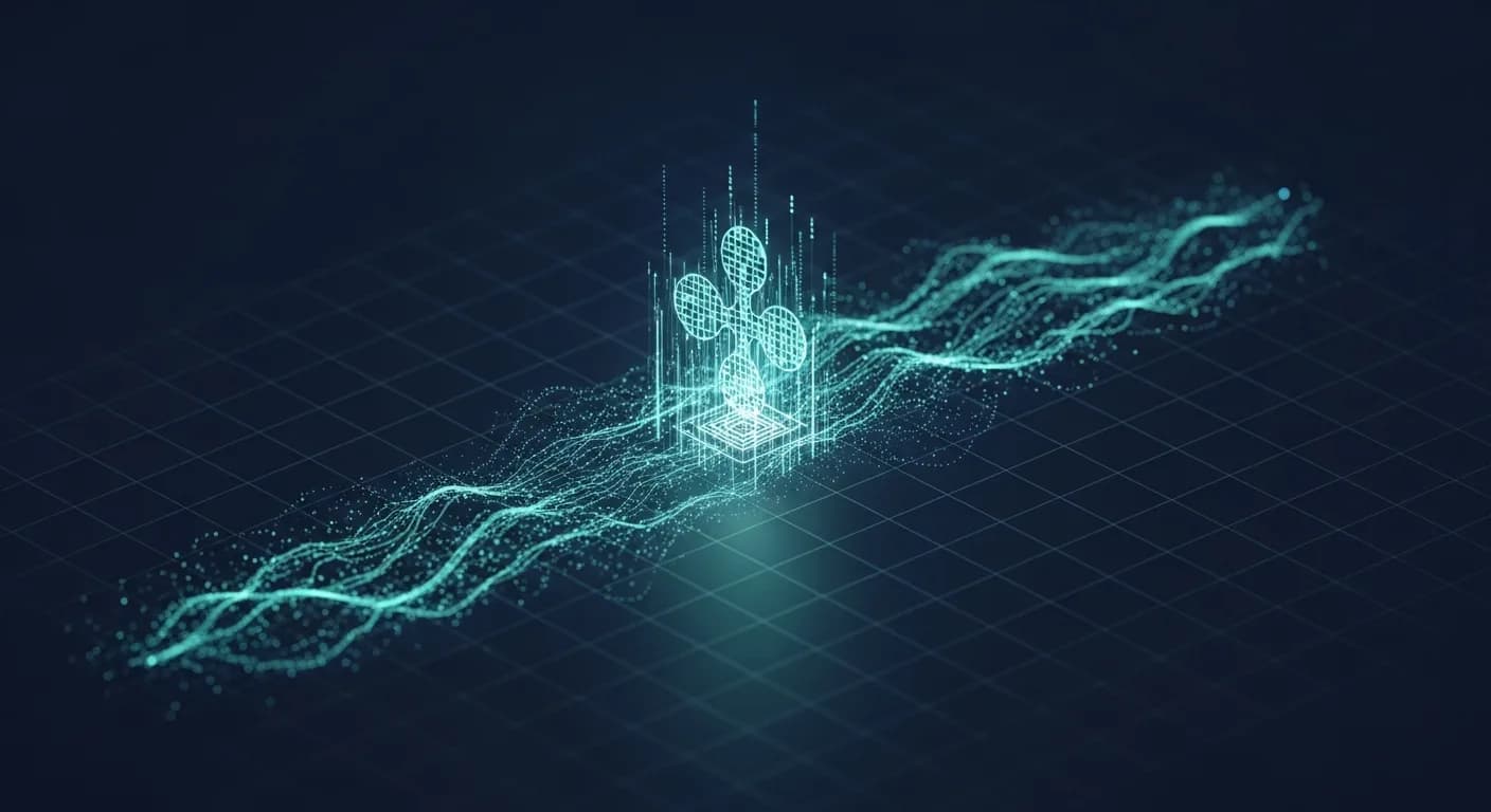 Abstract editorial data-visualization illustration in balanced, blue-toned tones representing XRP and the broader cryptocurrency market — crypto scenario analysis.
