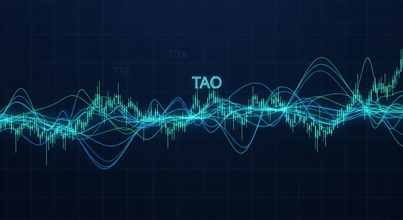 Abstract editorial data-visualization illustration in balanced, blue-toned tones representing TAO and the broader cryptocurrency market — crypto scenario analysis.