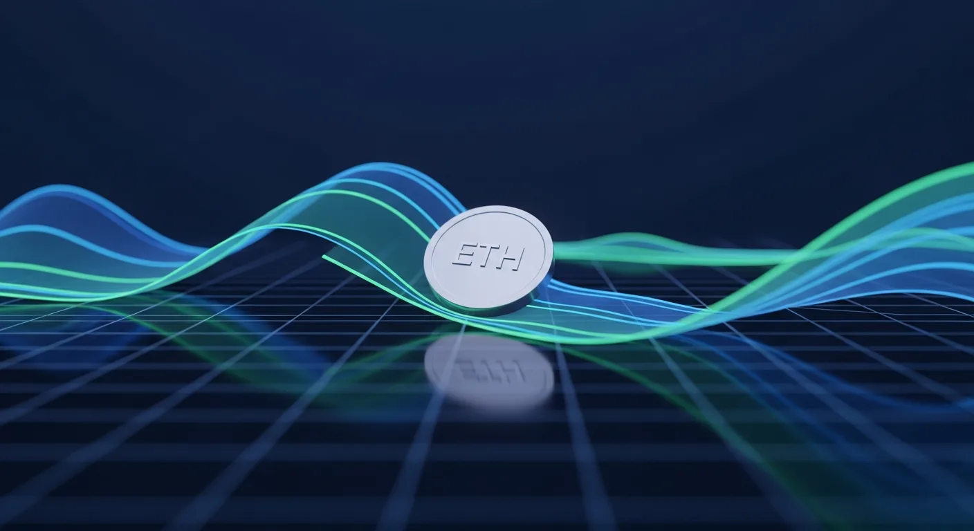 Abstract editorial data-visualization illustration in balanced, blue-toned tones representing ETH and the broader cryptocurrency market — crypto scenario analysis.
