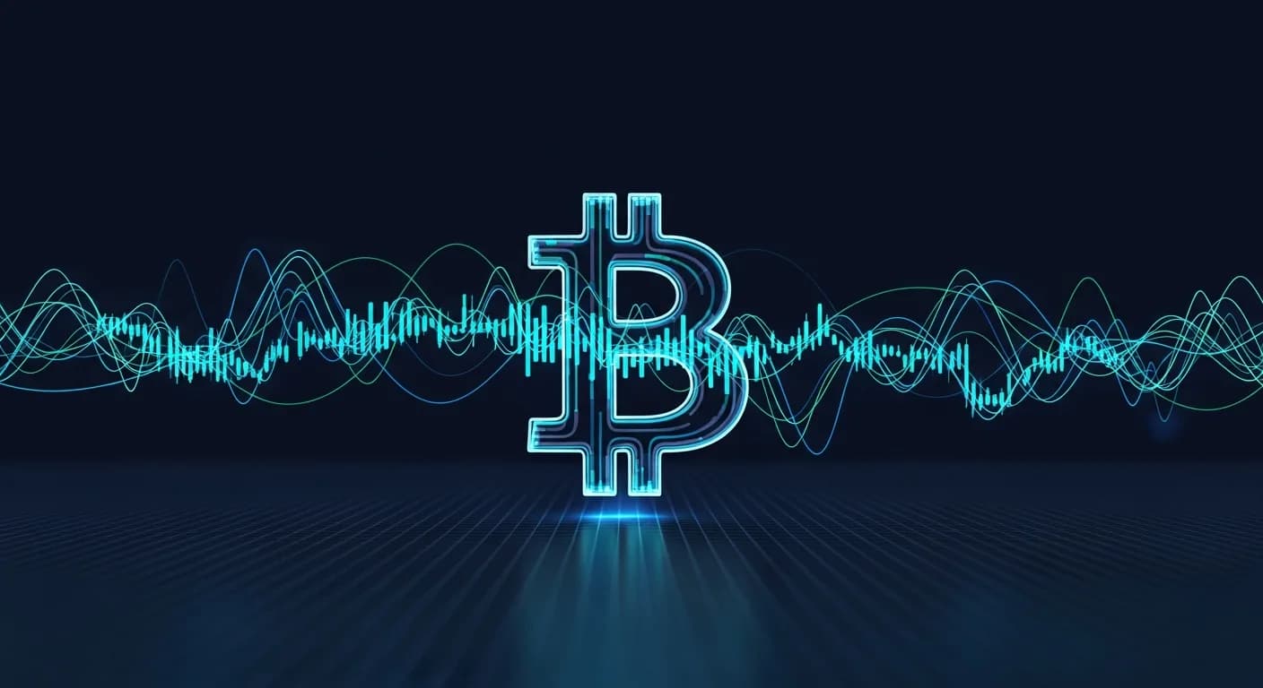 Abstract editorial data-visualization illustration in balanced, blue-toned tones representing BTC and the broader cryptocurrency market — crypto scenario analysis.