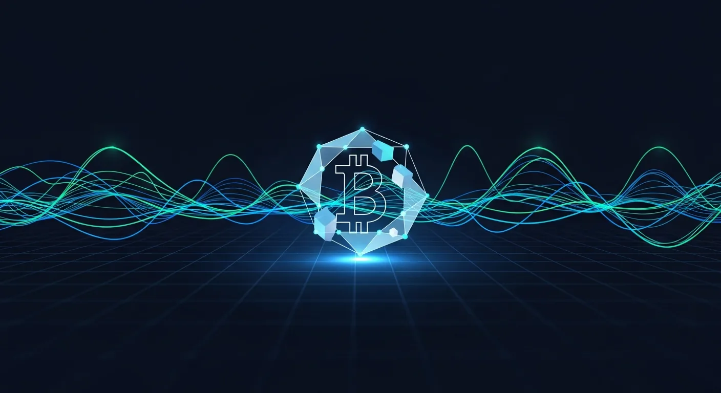 Abstract editorial data-visualization illustration in balanced, blue-toned tones representing BTC and the broader cryptocurrency market — crypto scenario analysis.