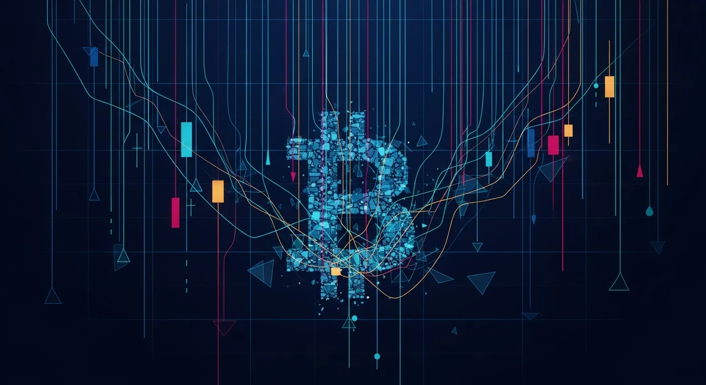 Abstract editorial data-visualization illustration in crimson, downward-flowing tones representing BTC and the broader cryptocurrency market — crypto scenario analysis.