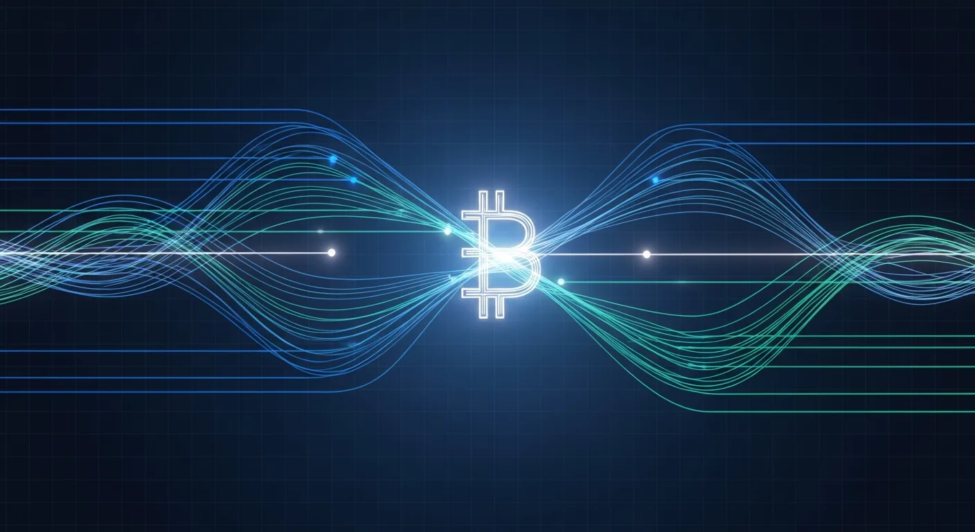 Abstract editorial data-visualization illustration in balanced, blue-toned tones representing BTC and the broader cryptocurrency market — crypto scenario analysis.