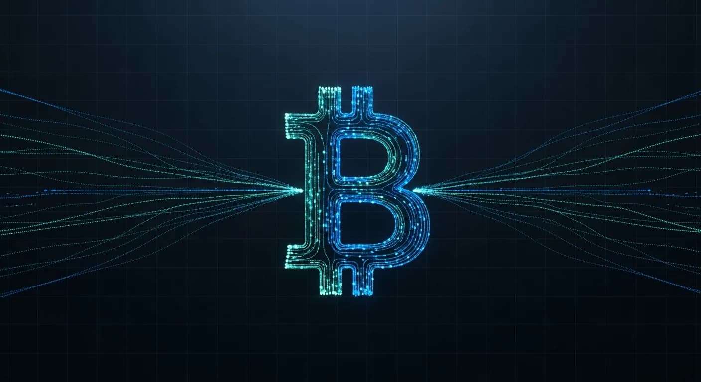 Abstract editorial data-visualization illustration in balanced, blue-toned tones representing BTC and the broader cryptocurrency market — crypto scenario analysis.