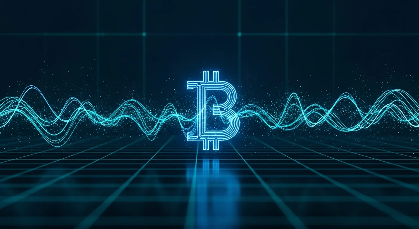 Abstract editorial data-visualization illustration in balanced, blue-toned tones representing BTC and the broader cryptocurrency market — crypto scenario analysis.
