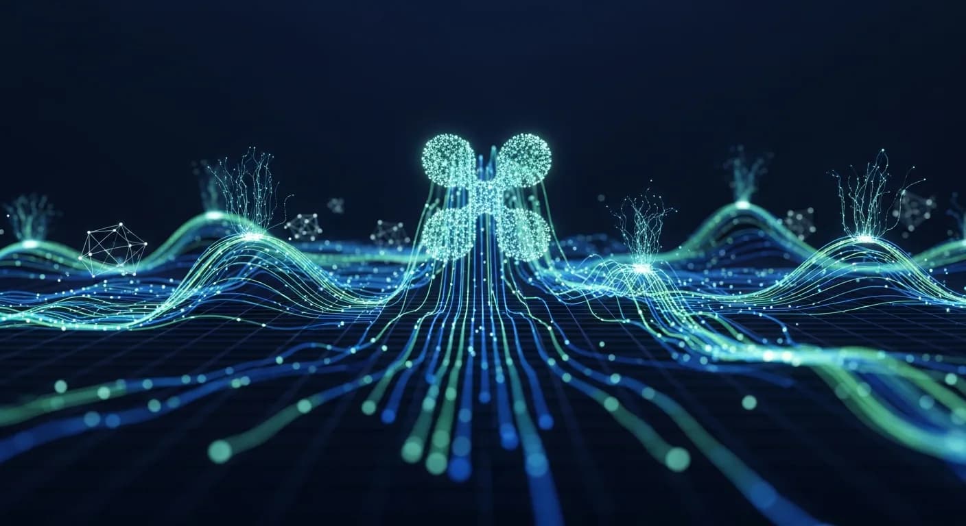 Abstract editorial data-visualization illustration in balanced, blue-toned tones representing XRP and the broader cryptocurrency market — crypto scenario analysis.