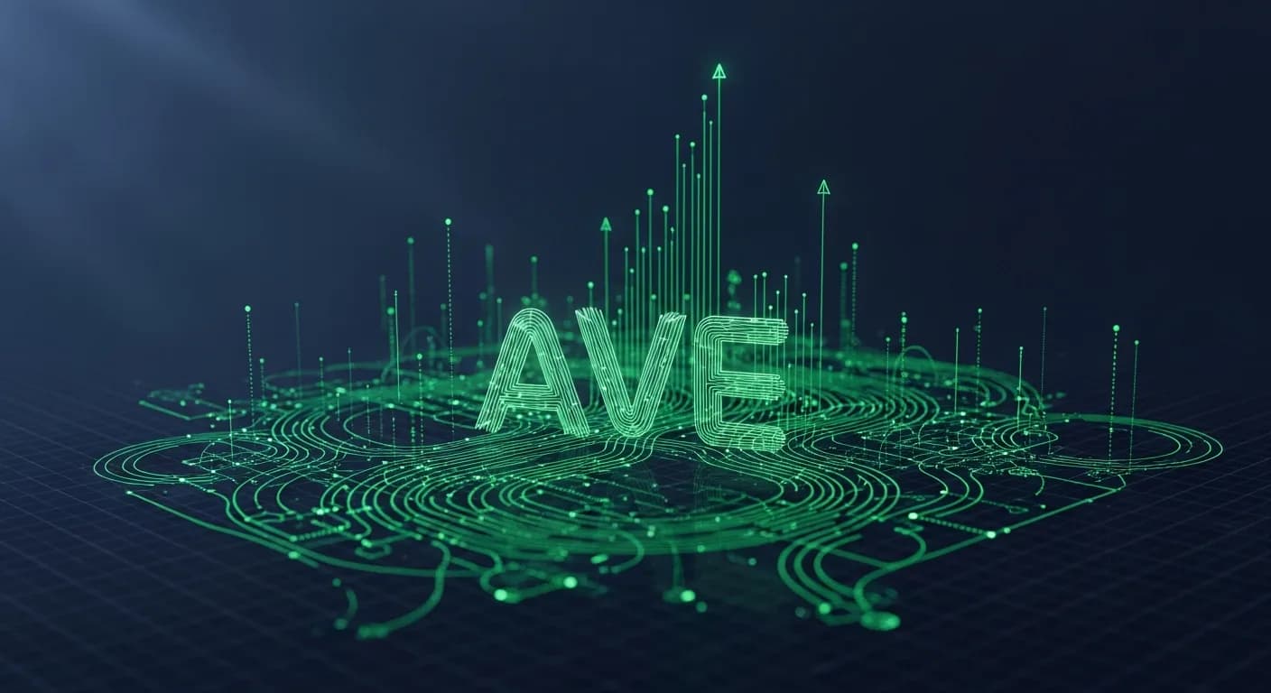 Abstract editorial data-visualization illustration in emerald-green, upward-flowing tones representing AAVE and the broader cryptocurrency market — crypto scenario analysis.