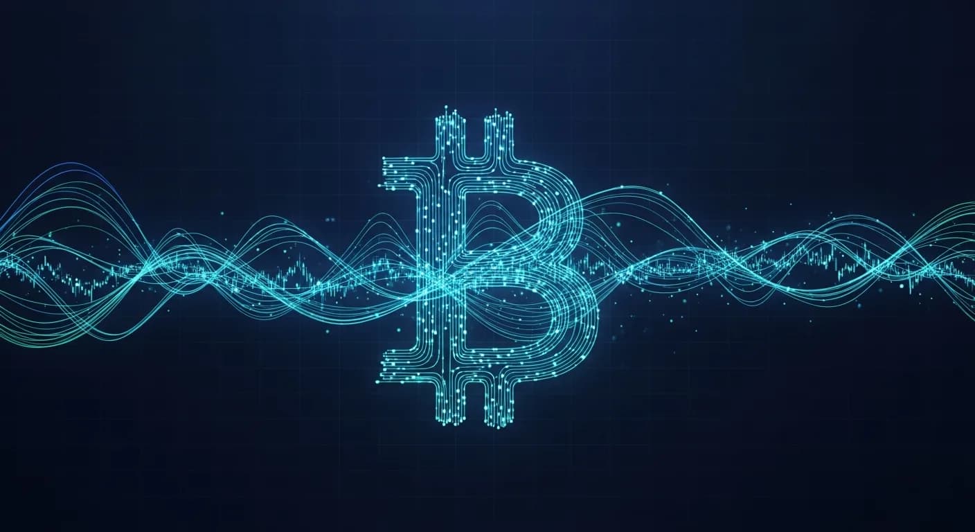 Abstract editorial data-visualization illustration in balanced, blue-toned tones representing BTC and the broader cryptocurrency market — crypto scenario analysis.