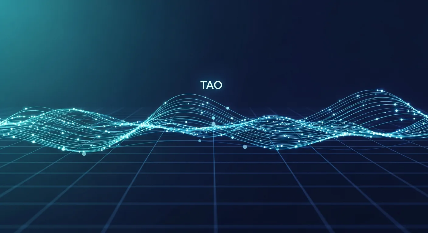 Abstract editorial data-visualization illustration in balanced, blue-toned tones representing TAO and the broader cryptocurrency market — crypto scenario analysis.