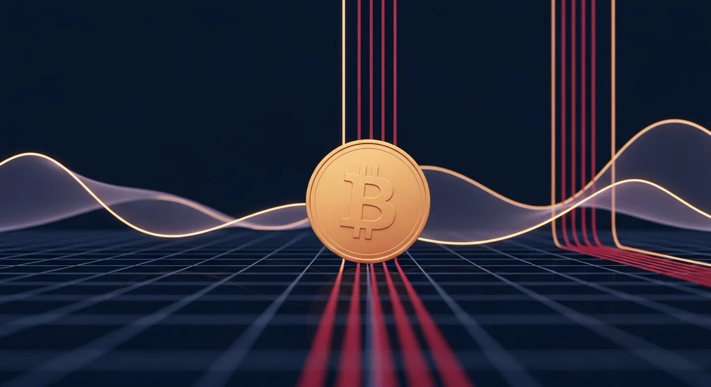 Abstract editorial data-visualization illustration in crimson, downward-flowing tones representing BTC and the broader cryptocurrency market — crypto scenario analysis.
