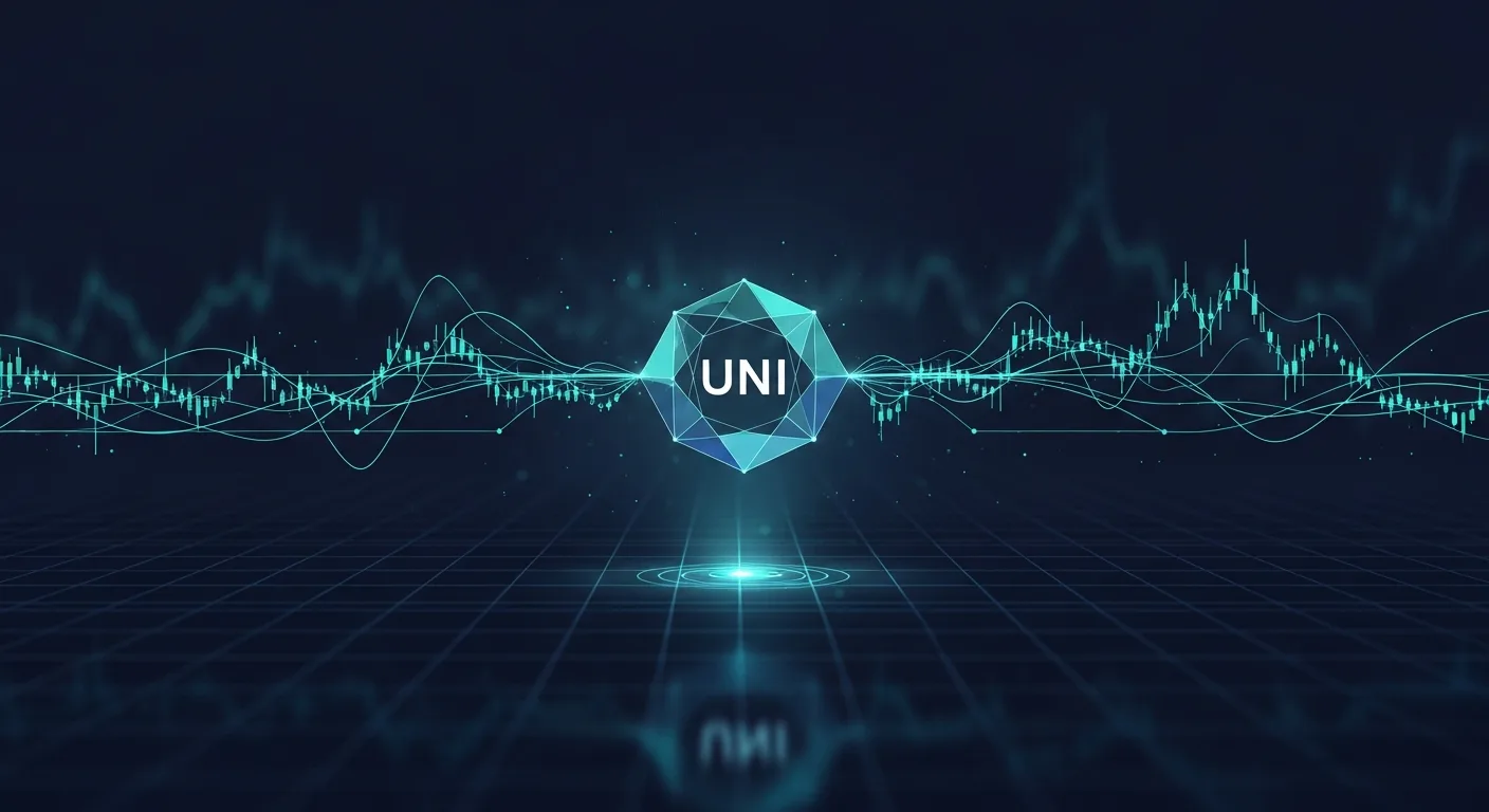 Abstract editorial data-visualization illustration in balanced, blue-toned tones representing UNI and the broader cryptocurrency market — crypto scenario analysis.