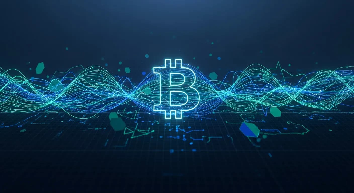 Abstract editorial data-visualization illustration in balanced, blue-toned tones representing BTC and the broader cryptocurrency market — crypto scenario analysis.
