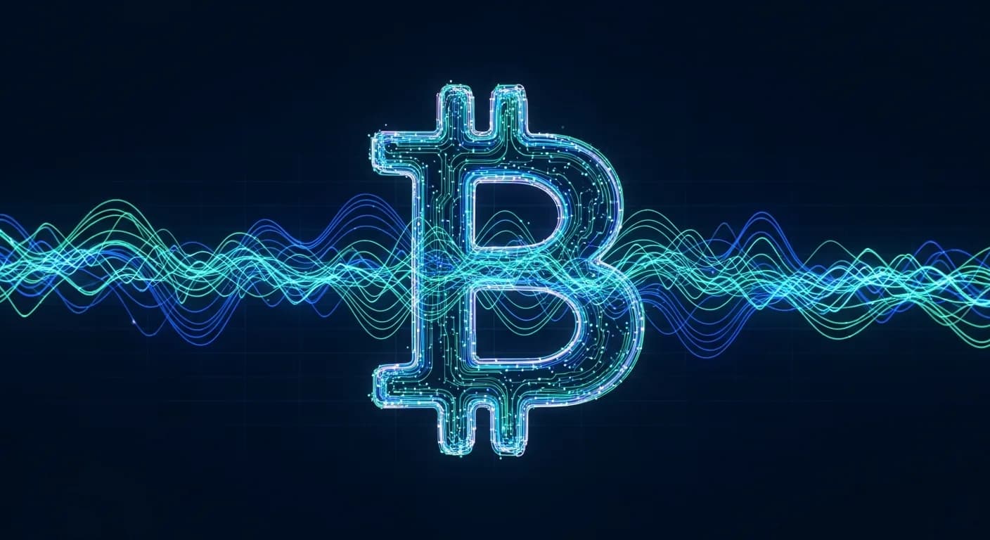 Abstract editorial data-visualization illustration in balanced, blue-toned tones representing BTC and the broader cryptocurrency market — crypto scenario analysis.