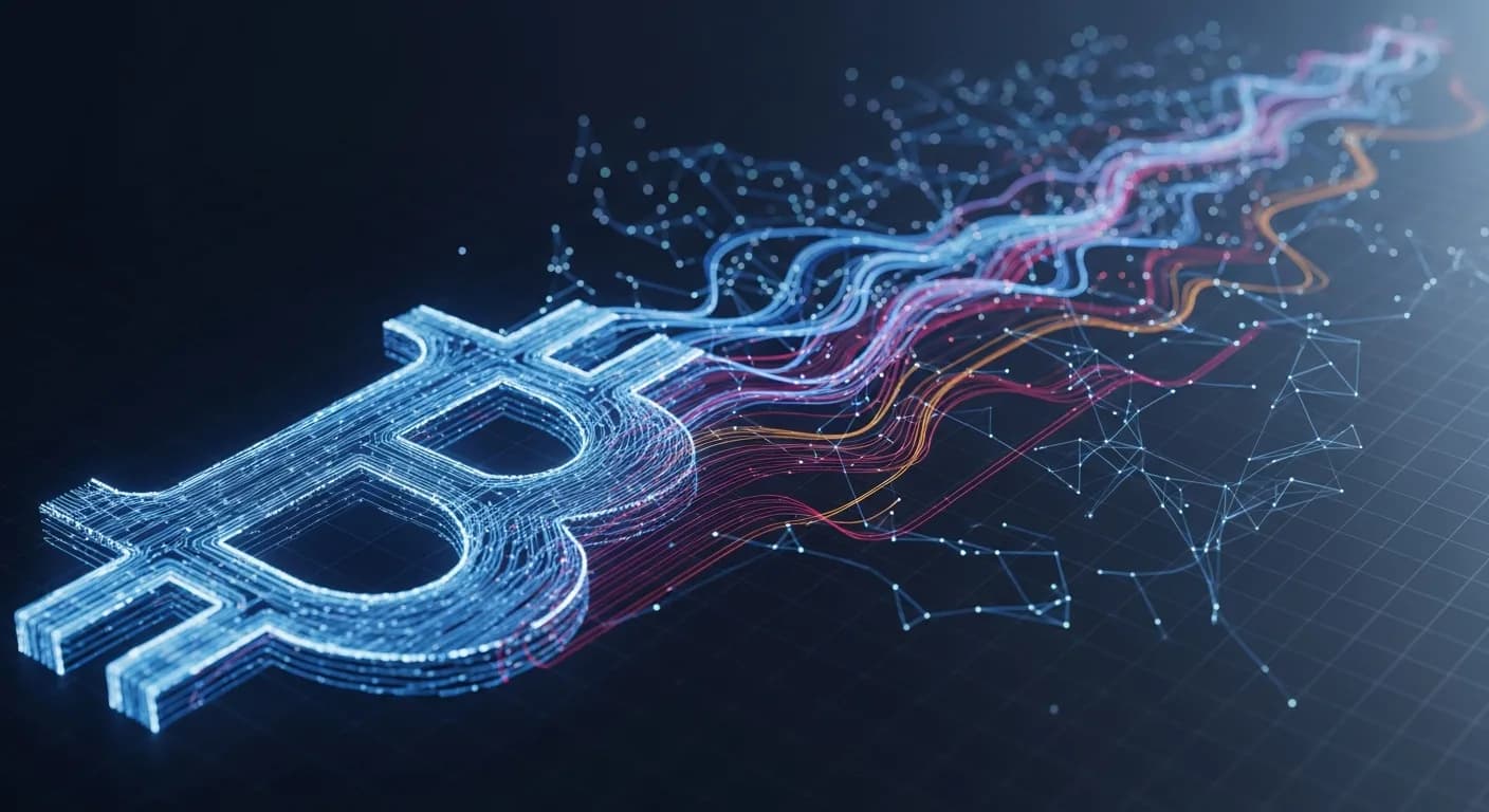 Abstract editorial data-visualization illustration in crimson, downward-flowing tones representing BTC and the broader cryptocurrency market — crypto scenario analysis.