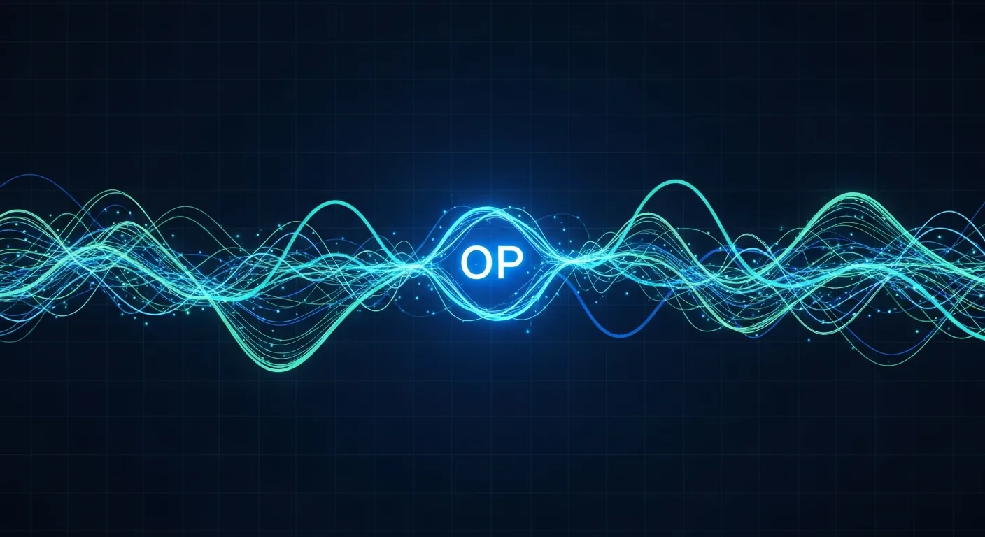 Abstract editorial data-visualization illustration in balanced, blue-toned tones representing OP and the broader cryptocurrency market — crypto scenario analysis.