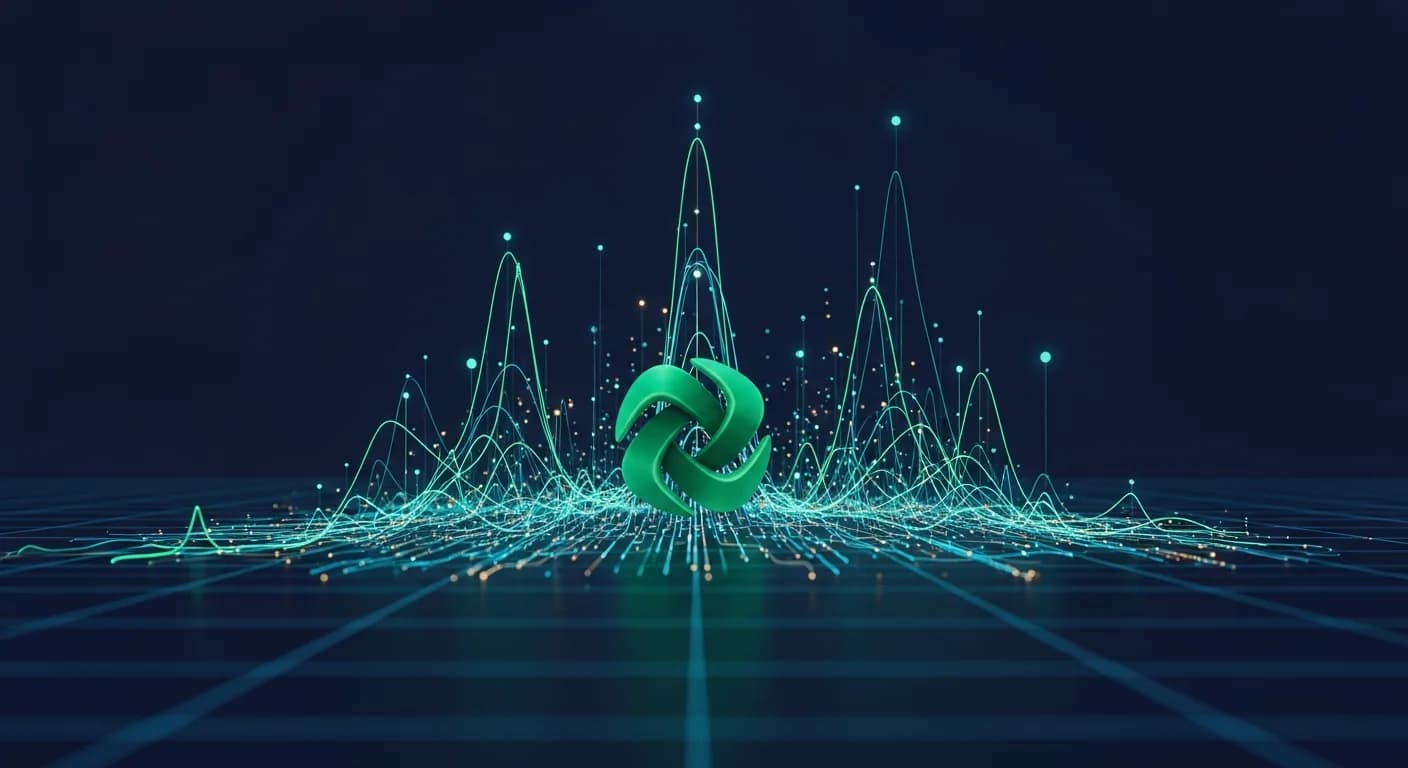 Abstract editorial data-visualization illustration in emerald-green, upward-flowing tones representing AAVE and the broader cryptocurrency market — crypto scenario analysis.