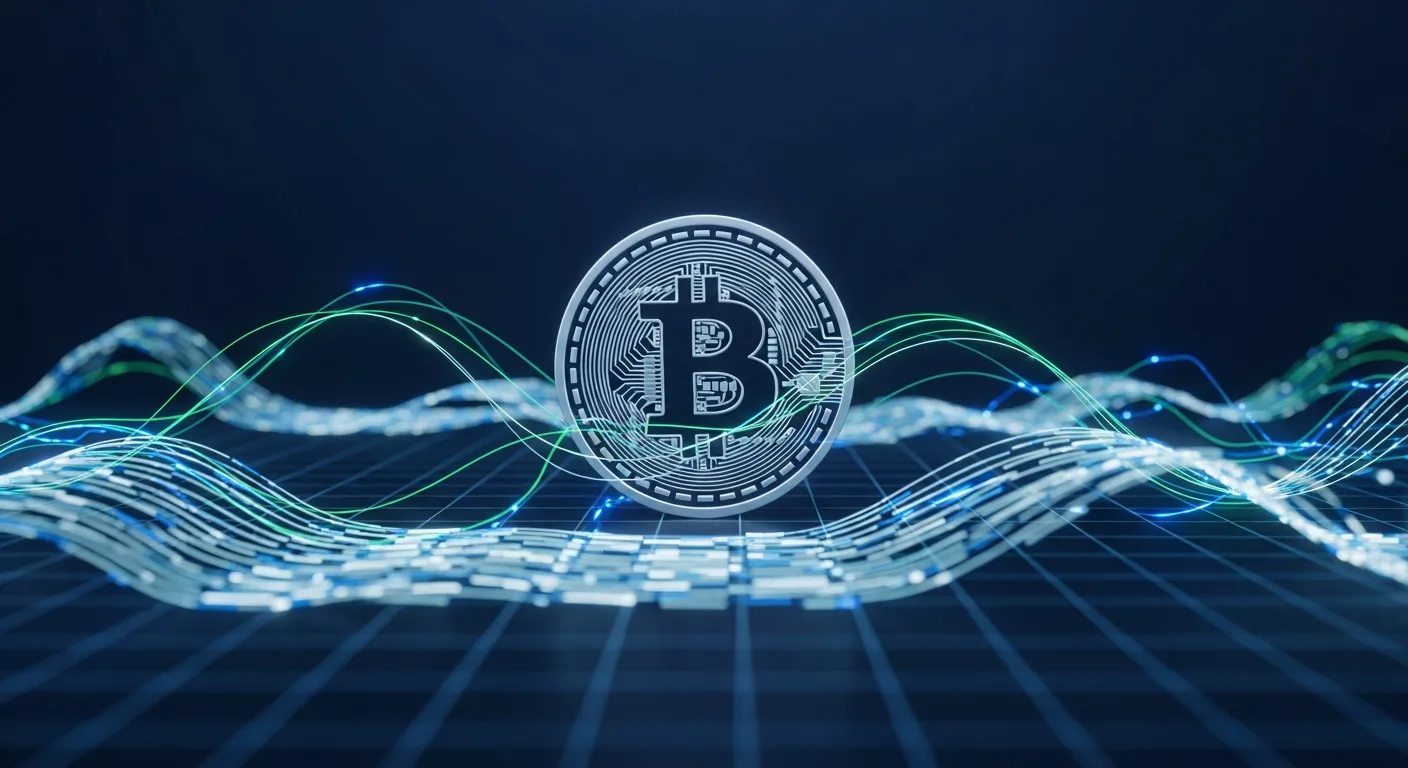 Abstract editorial data-visualization illustration in balanced, blue-toned tones representing BTC and the broader cryptocurrency market — crypto scenario analysis.