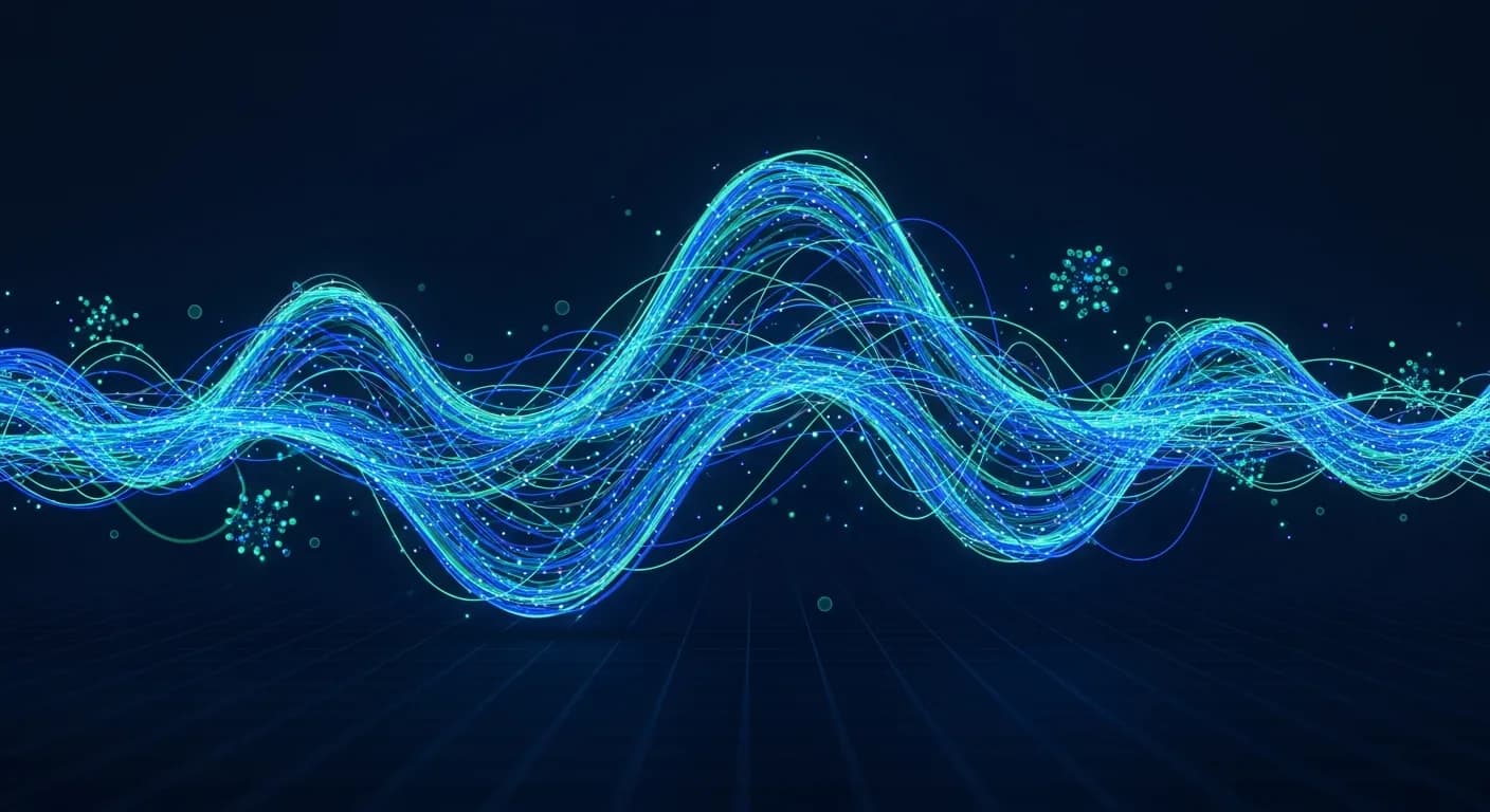 Abstract editorial data-visualization illustration in balanced, blue-toned tones representing BTC and the broader cryptocurrency market — crypto scenario analysis.