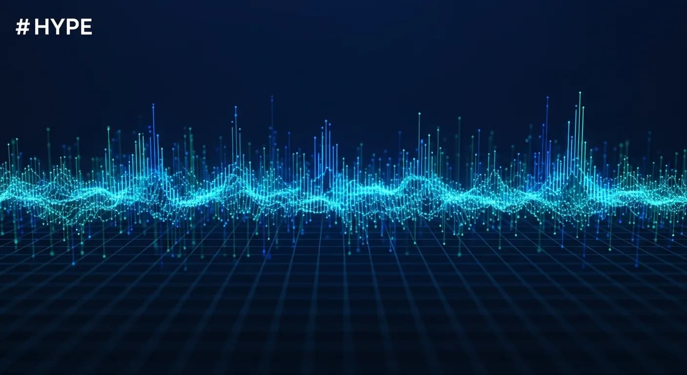 Abstract editorial data-visualization illustration in balanced, blue-toned tones representing HYPE and the broader cryptocurrency market — crypto scenario analysis.