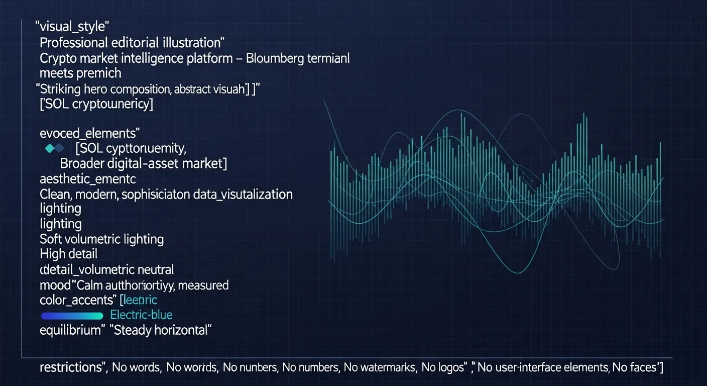 Abstract editorial data-visualization illustration in balanced, blue-toned tones representing SOL and the broader cryptocurrency market — crypto scenario analysis.