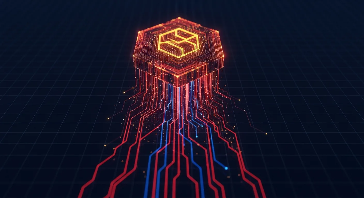 Abstract editorial data-visualization illustration in crimson, downward-flowing tones representing BNB and the broader cryptocurrency market — crypto scenario analysis.