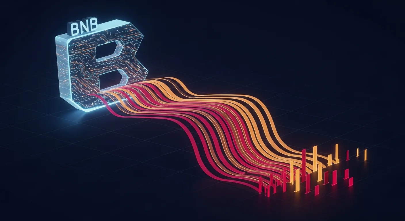 Abstract editorial data-visualization illustration in crimson, downward-flowing tones representing BNB and the broader cryptocurrency market — crypto scenario analysis.