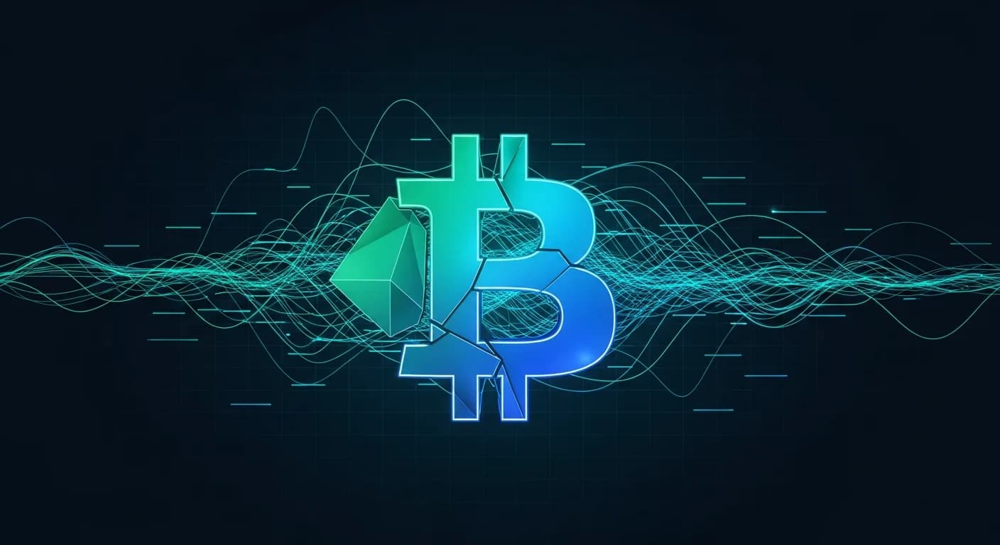 Abstract editorial data-visualization illustration in balanced, blue-toned tones representing BTC and the broader cryptocurrency market — crypto scenario analysis.