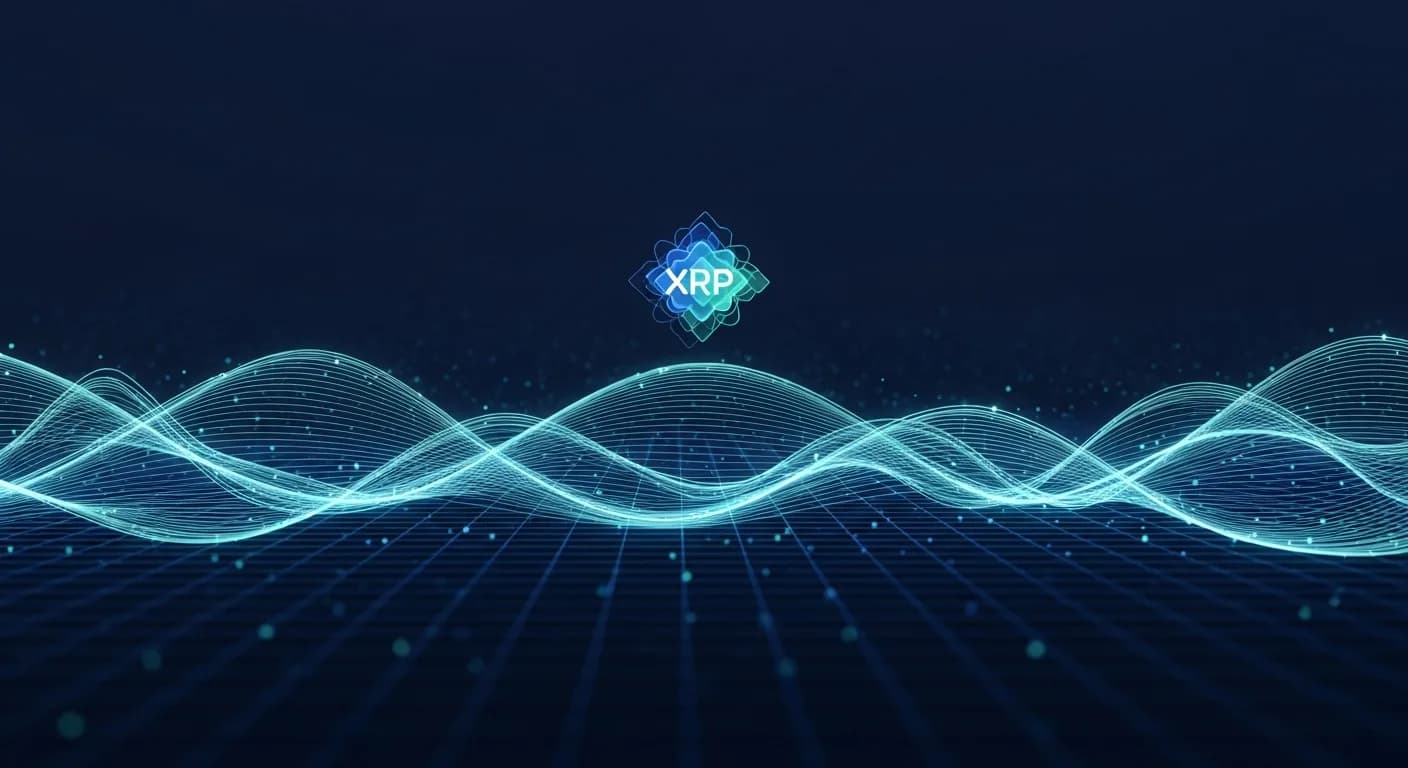 Abstract editorial data-visualization illustration in balanced, blue-toned tones representing XRP and the broader cryptocurrency market — crypto scenario analysis.