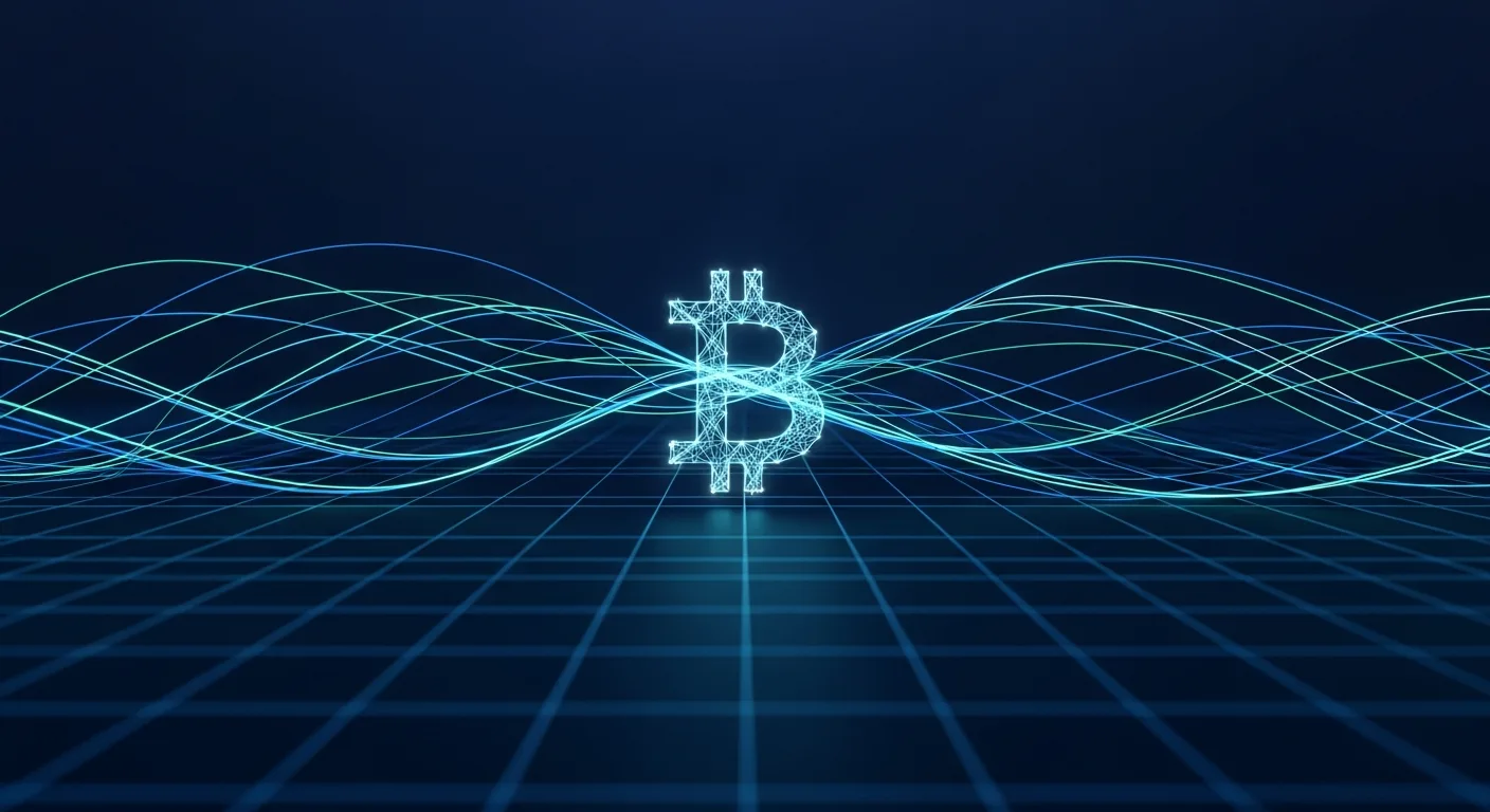 Abstract editorial data-visualization illustration in balanced, blue-toned tones representing BTC and the broader cryptocurrency market — crypto scenario analysis.