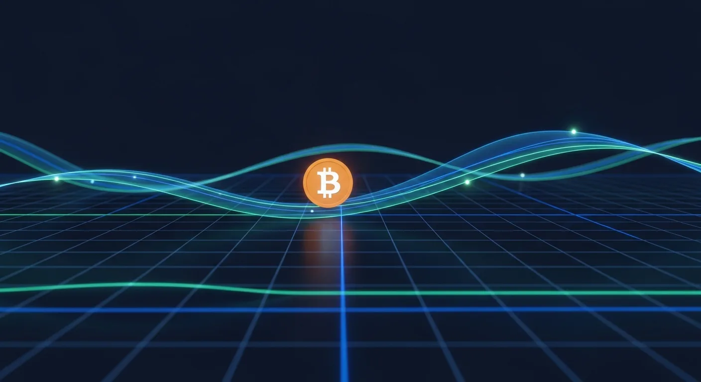 Abstract editorial data-visualization illustration in balanced, blue-toned tones representing BTC and the broader cryptocurrency market — crypto scenario analysis.