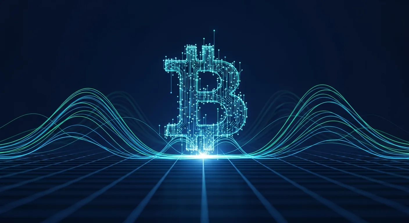 Abstract editorial data-visualization illustration in balanced, blue-toned tones representing BTC and the broader cryptocurrency market — crypto scenario analysis.