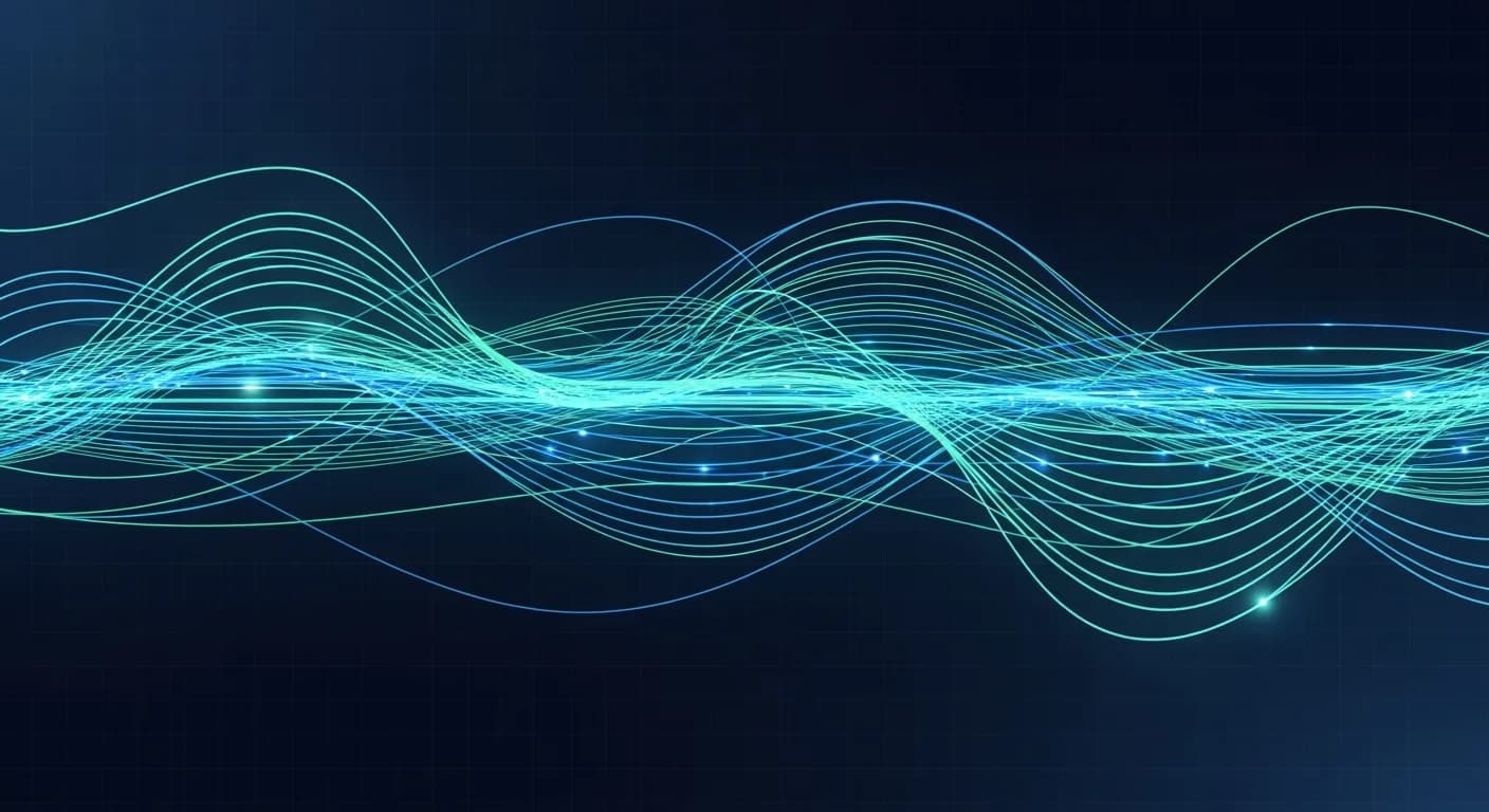 Abstract editorial data-visualization illustration in balanced, blue-toned tones representing USDT and the broader cryptocurrency market — crypto scenario analysis.
