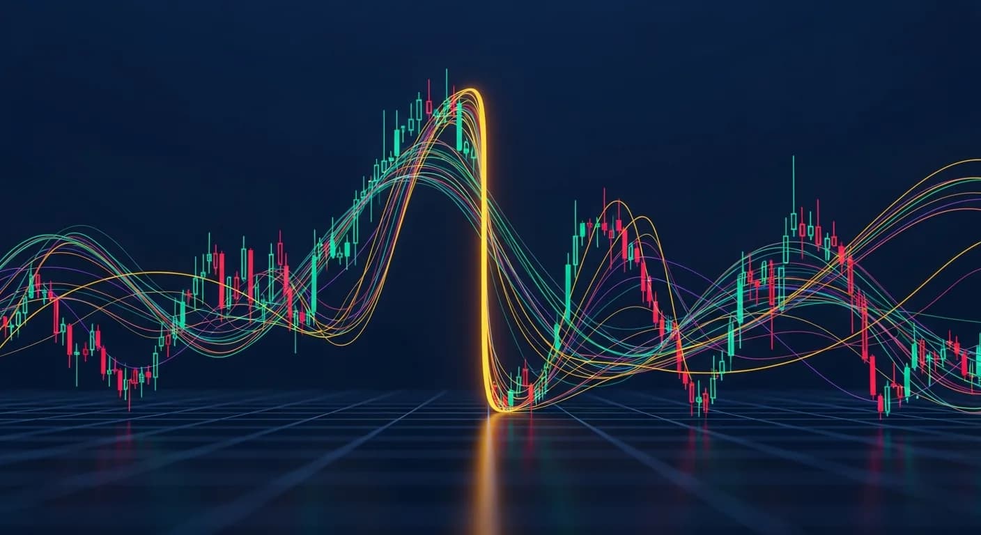 Abstract editorial data-visualization illustration in crimson, downward-flowing tones representing BTC and the broader cryptocurrency market — crypto scenario analysis.