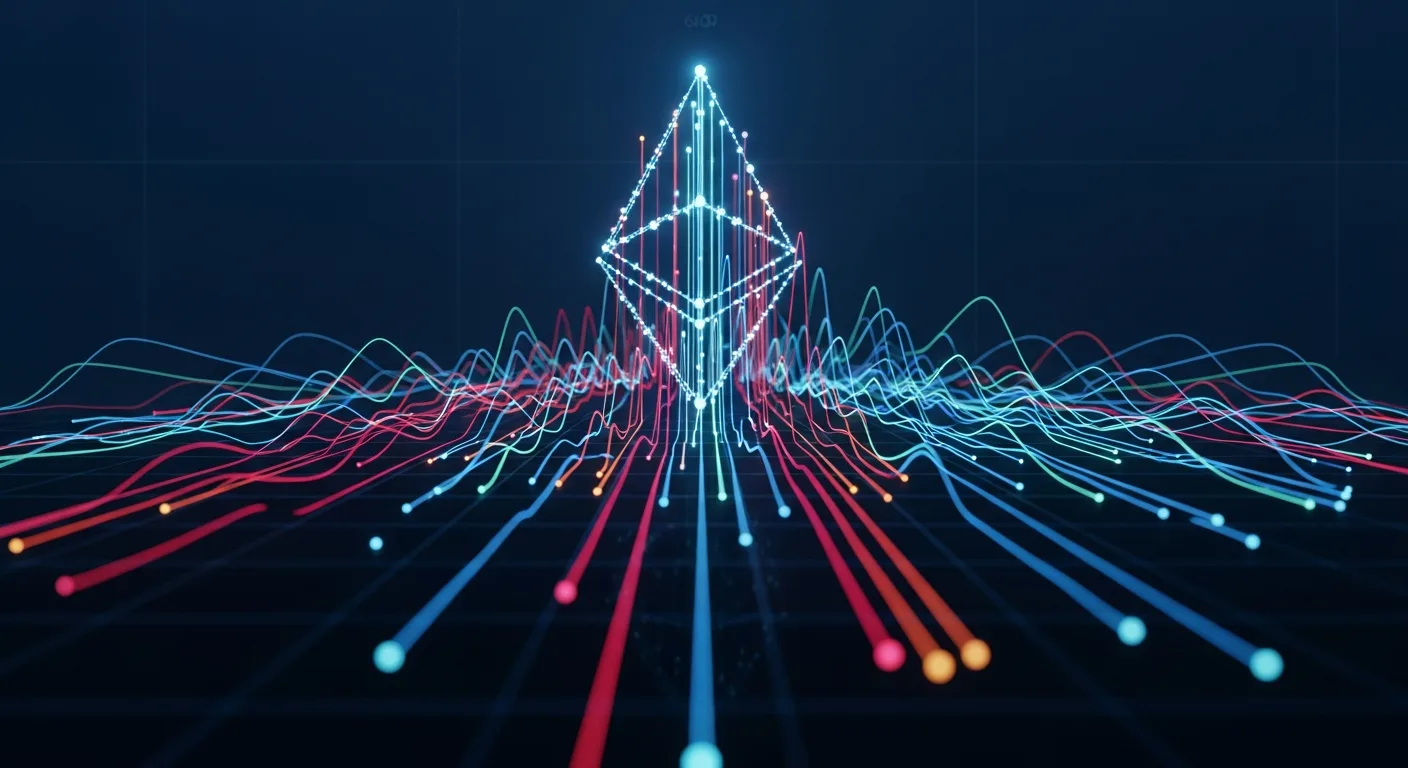 Abstract editorial data-visualization illustration in crimson, downward-flowing tones representing ETH and the broader cryptocurrency market — crypto scenario analysis.