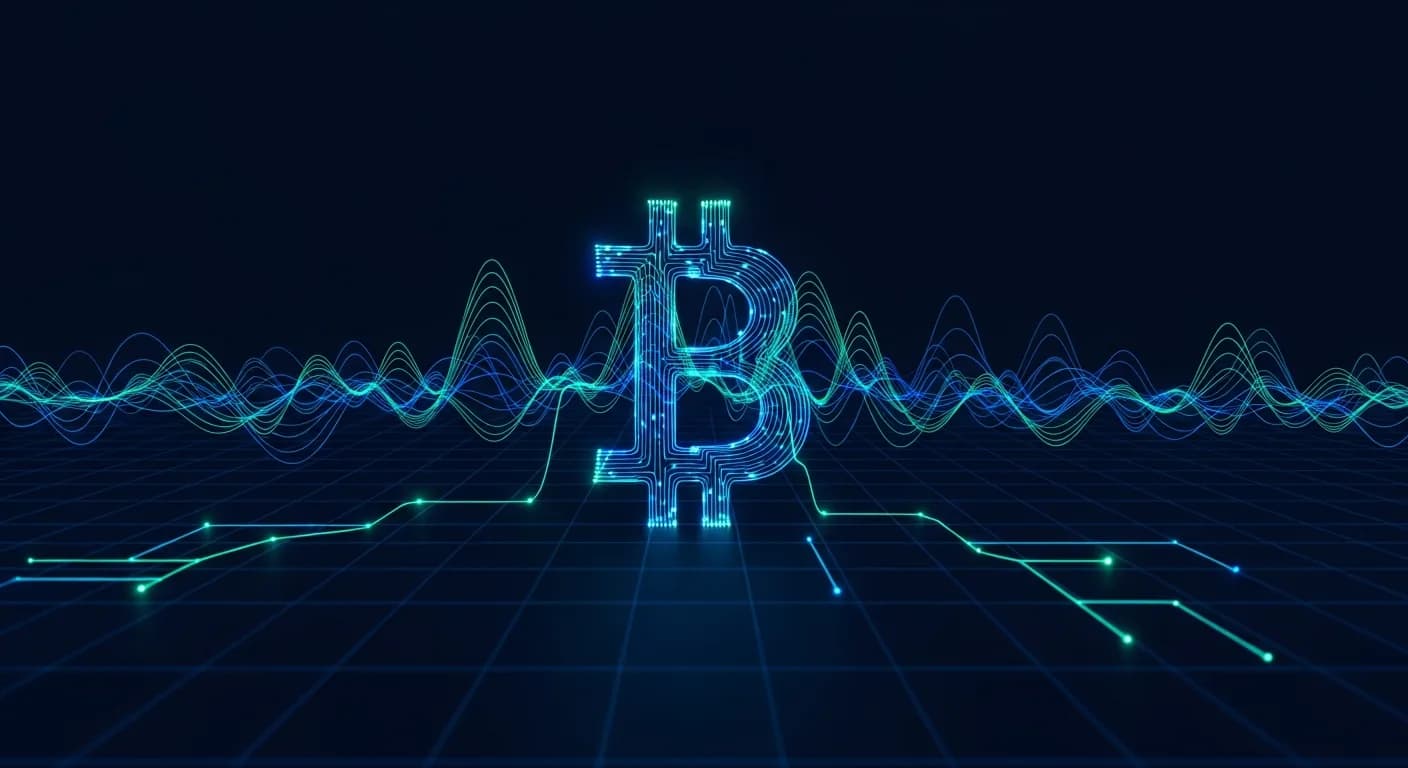Abstract editorial data-visualization illustration in balanced, blue-toned tones representing BTC and the broader cryptocurrency market — crypto scenario analysis.