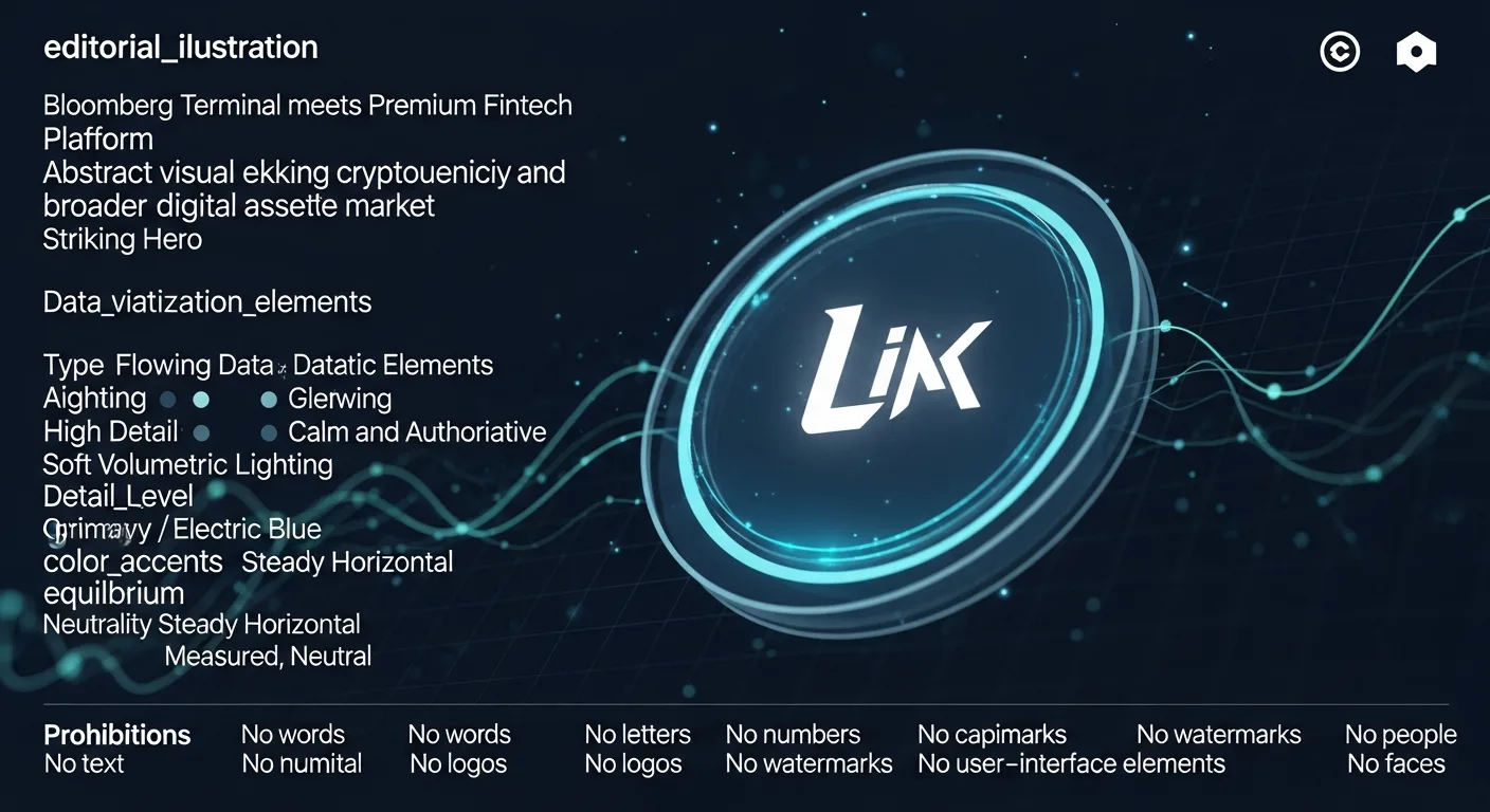 Abstract editorial data-visualization illustration in balanced, blue-toned tones representing LINK and the broader cryptocurrency market — crypto scenario analysis.