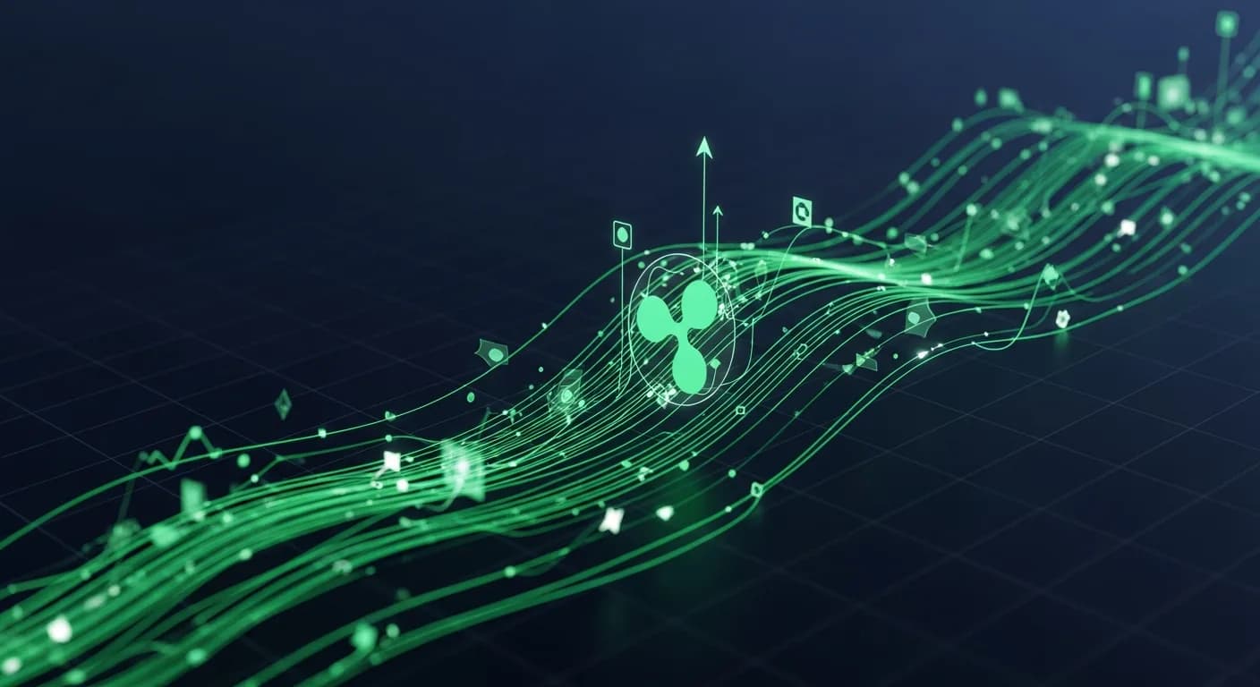 Abstract editorial data-visualization illustration in emerald-green, upward-flowing tones representing XRP and the broader cryptocurrency market — crypto scenario analysis.