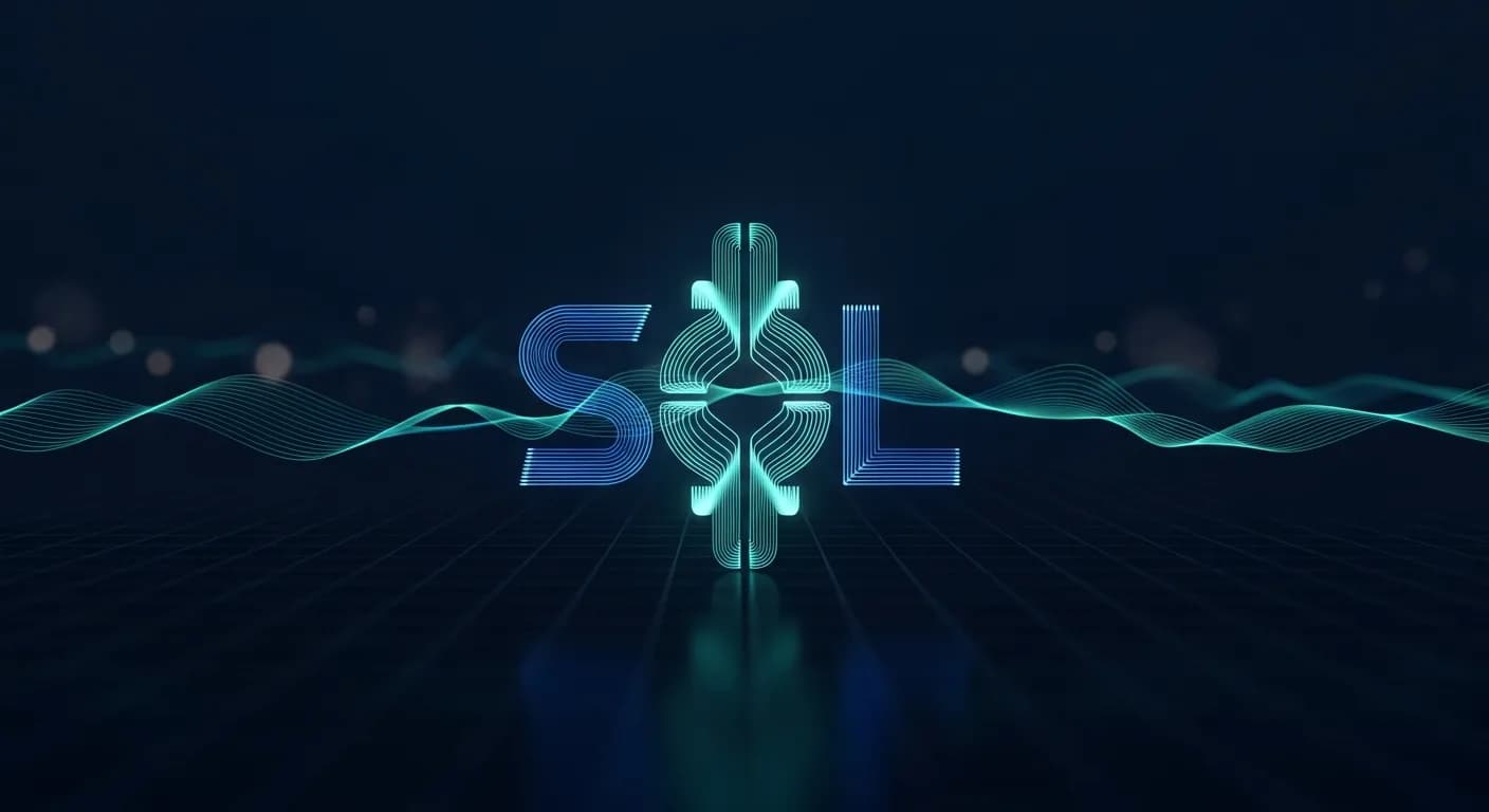 Abstract editorial data-visualization illustration in balanced, blue-toned tones representing SOL and the broader cryptocurrency market — crypto scenario analysis.